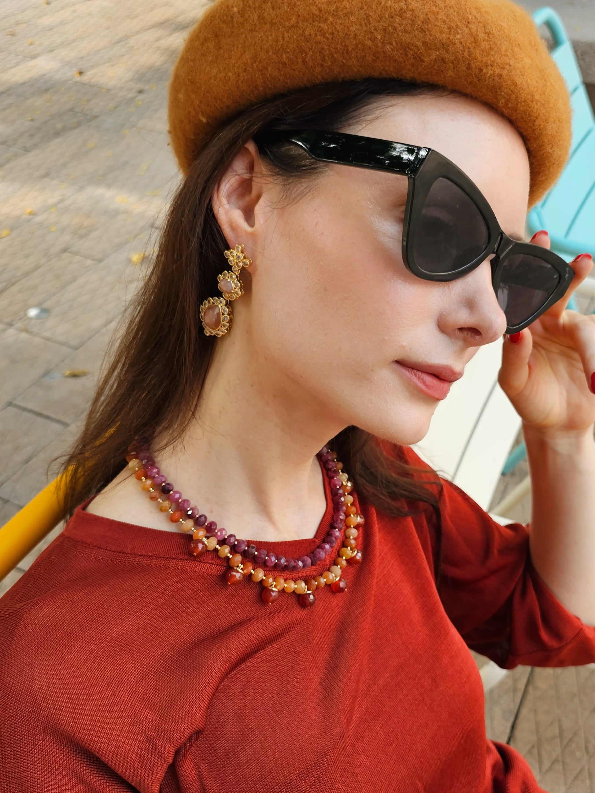 Elegant Red Agate Double Layer Statement Necklace NN021 - Perfect for Evening Parties, Weddings & Special Occasions