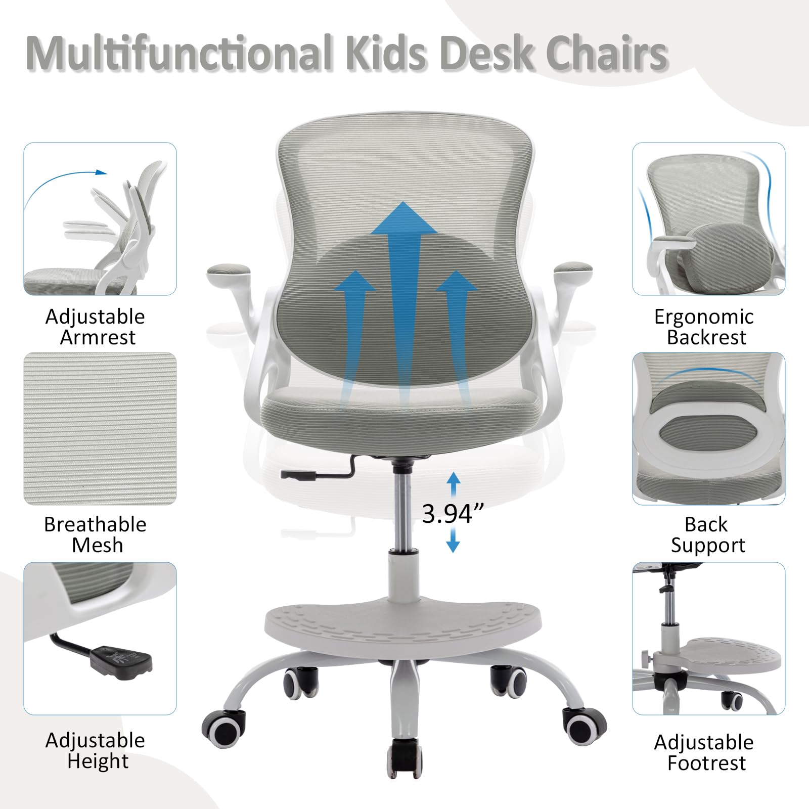 Ergonomic Adjustable Height Kids Study Chair - Swivel Mesh Desk Chair with Wheels for Children's Bedroom & Home Office - Comfortable Grey Learning Chair for Homework & Online Classes