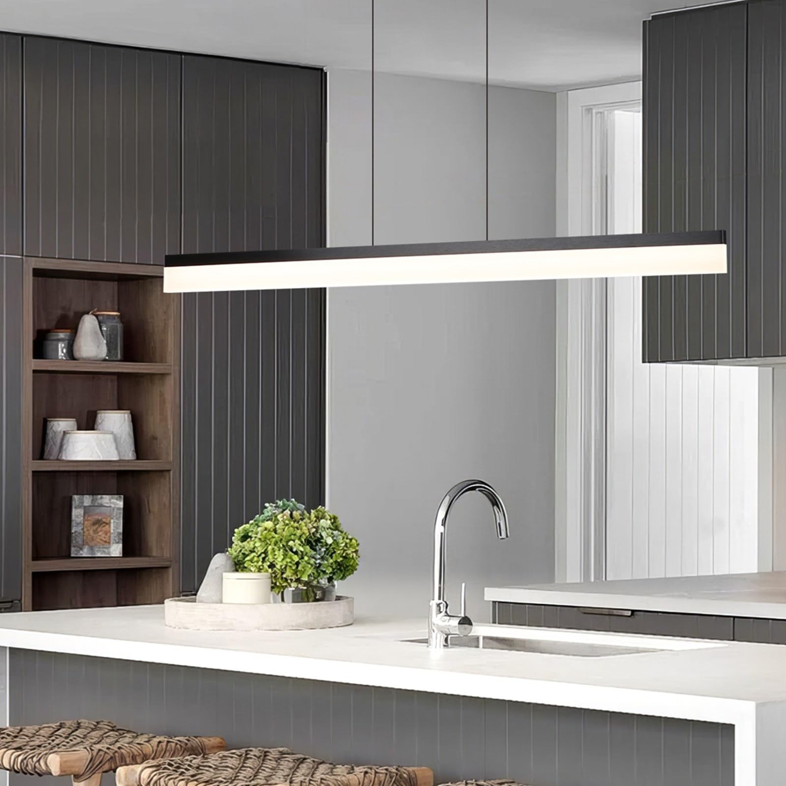 47-inch Adjustable Linear Pendant Light Fixtures - 30W Dimmable LED Kitchen Island Lighting & Dining Room Chandelier - Black Aluminum Modern Hanging Light for Home Decor, Restaurants, and Office Spaces