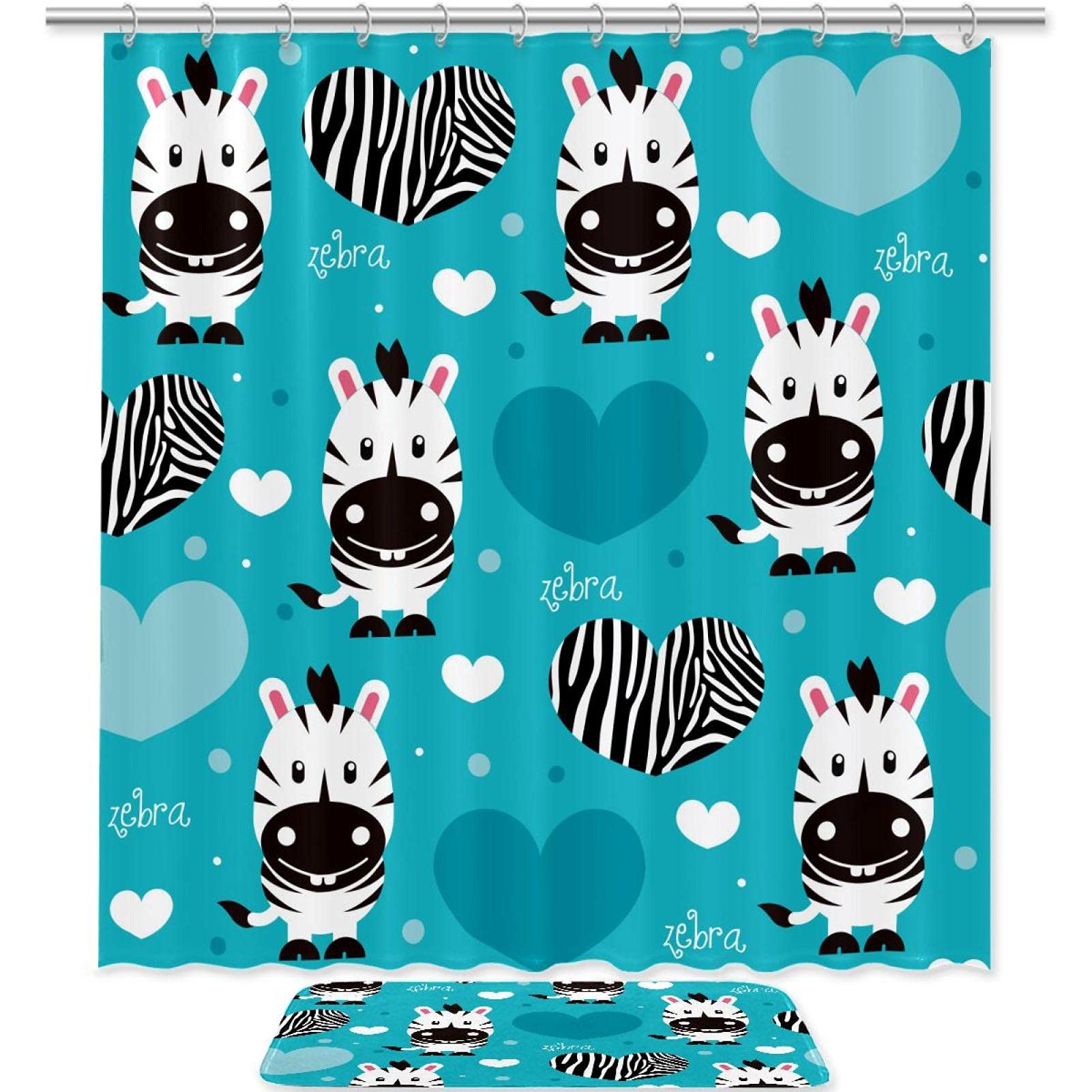 Cartoon Zebra Love Pattern Bathroom Rug and Shower Curtain Set - Soft Polyester Non-Slip Floor Mat for Bath, Shower & Kids Room Decor
