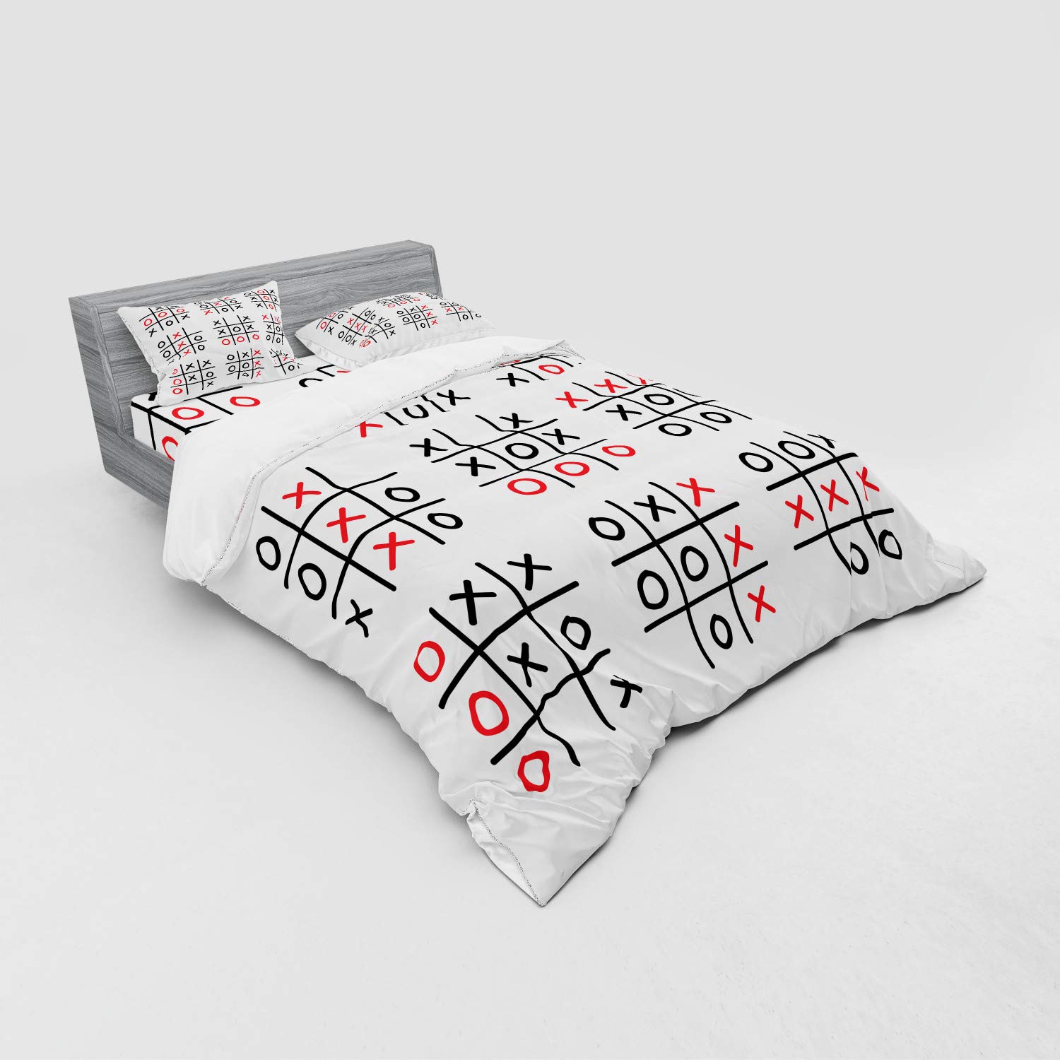 Ambesonne XO Game Doodle Bedding Set - 3 Piece Queen Duvet Cover with Sham & Fitted Sheet - Black White Red Tic Tac Toe Design - Perfect for Game Rooms, Teen Bedrooms & Fun Themed Decor
