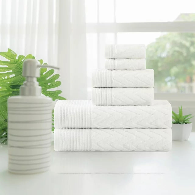 Premium 6-Piece Chevron Cotton Bath Towel Set - Soft, Absorbent & Quick-Drying - Perfect for Bathroom, Spa, Gym & Beach Use