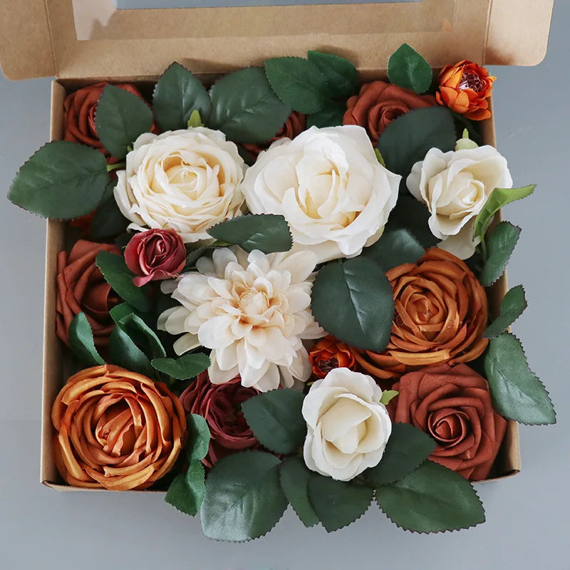 Yannew Burnt Orange Artificial Roses Combo Box - 24pcs Real Touch Silk Flowers for DIY Fall Wedding Bouquets, Boho Home Decor, Table Centerpieces & Seasonal Arrangements