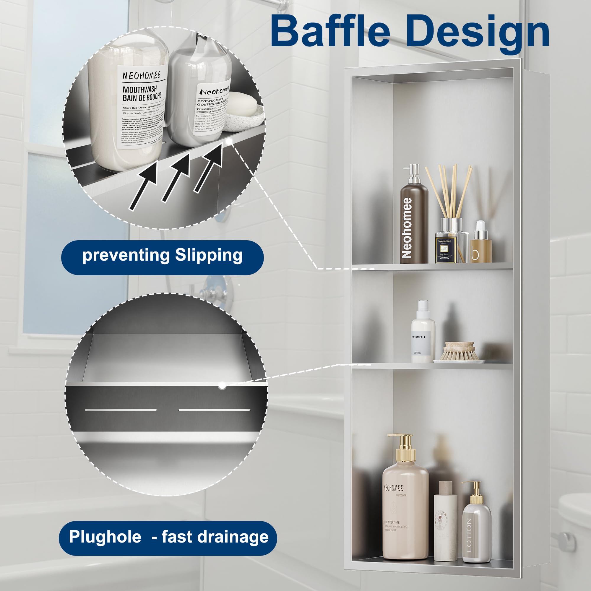 12x30 Inch Neodrain Shower Niche - 3 Layer Brushed Stainless Steel Recessed Bathroom Storage Shelf | Waterproof Shower Organizer for Shampoo, Soap & Bath Essentials