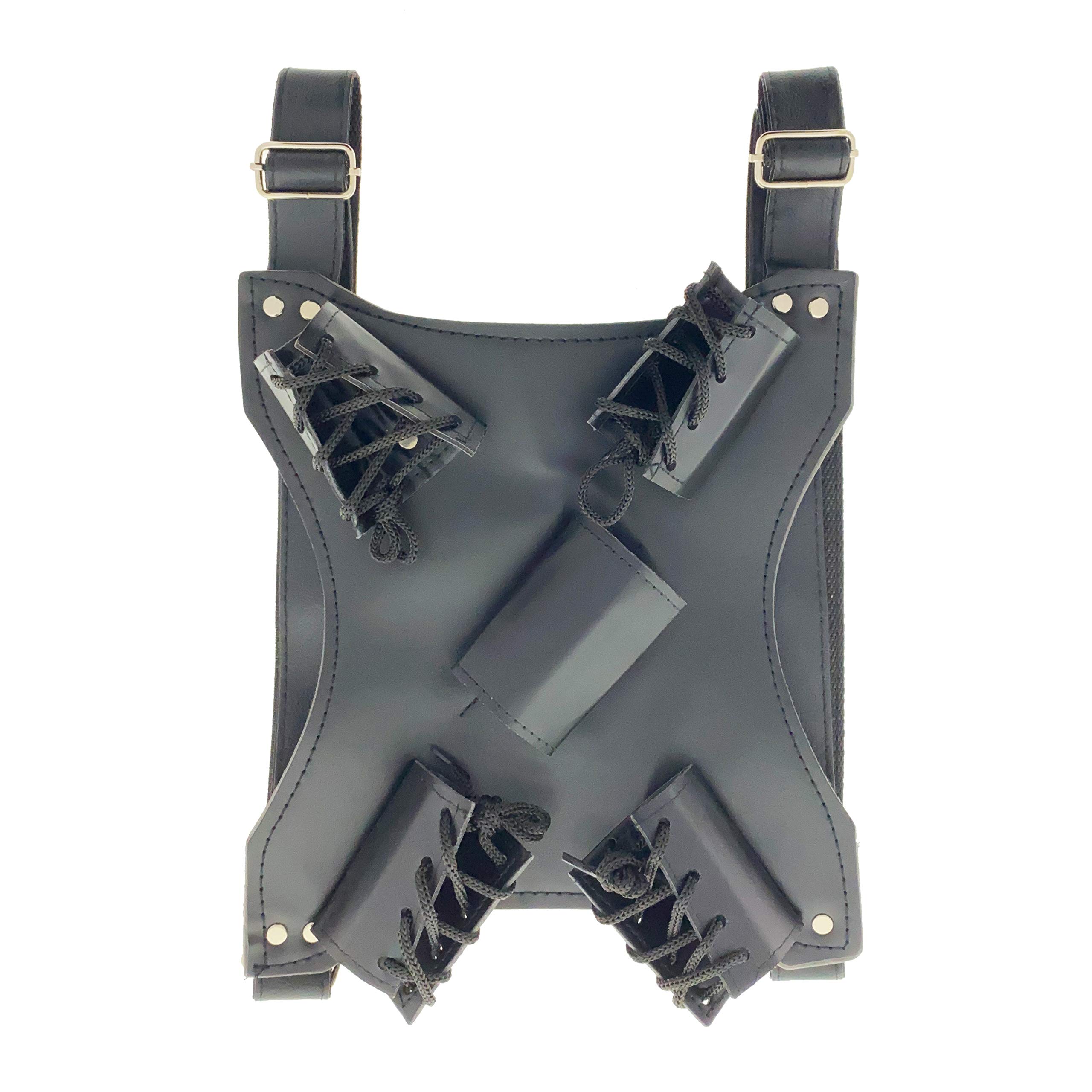 9.5 x 10 Inch Black Leather Sword Frog for Twin Ninja Swords - Back Carry Harness - Perfect for Cosplay, Martial Arts Training & Medieval Reenactments