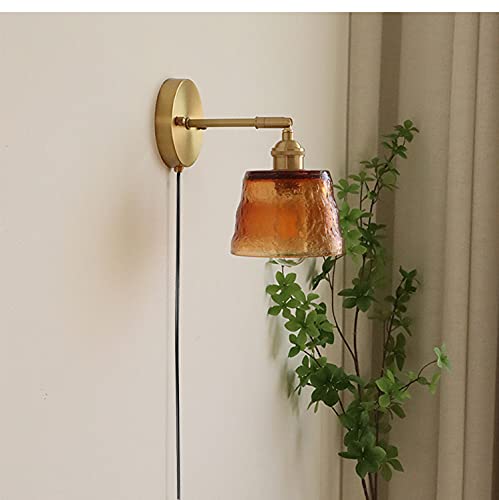 Adjustable Wall Sconce with UL Plug-in Cord - Dimmable E26 Bronze Base Reading Light with Rotating Switch & Yellow Glass Shade - Perfect for Bedroom, Hallway, Kitchen Island, and Bathroom Lighting