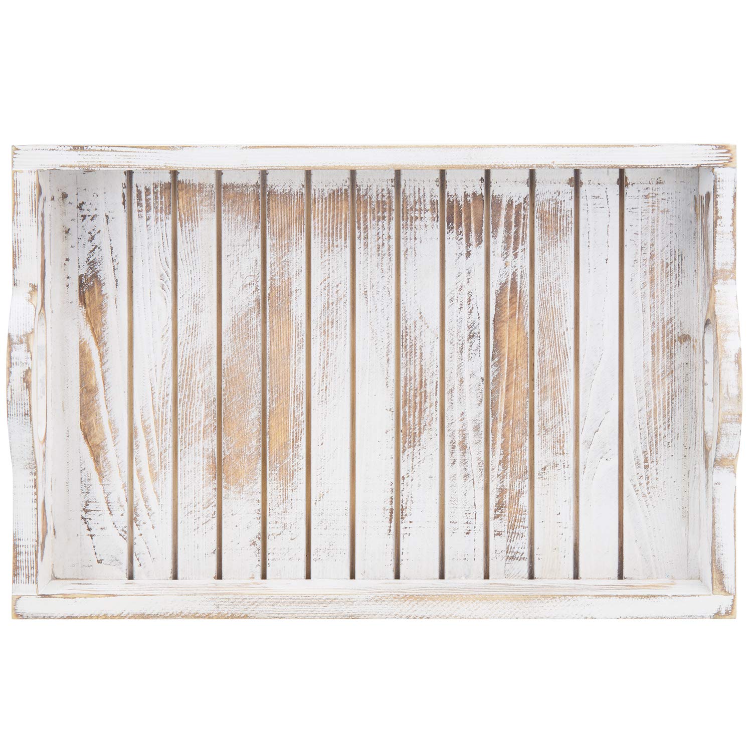 MyGift Shabby Chic Whitewashed Wood Breakfast Serving Tray with Cutout Handles - Rustic Slatted Design Coffee Table Tray, 16 x 11 Inches - Perfect for Breakfast in Bed, Living Room Decor & Ottoman Serving