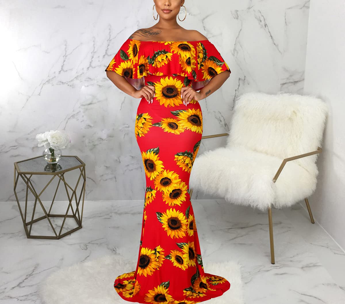 Elegant Off Shoulder Wedding Guest Dress for Women - Flowy Ruffle Church Party Dress - Perfect for Weddings, Cocktail Parties & Special Occasions