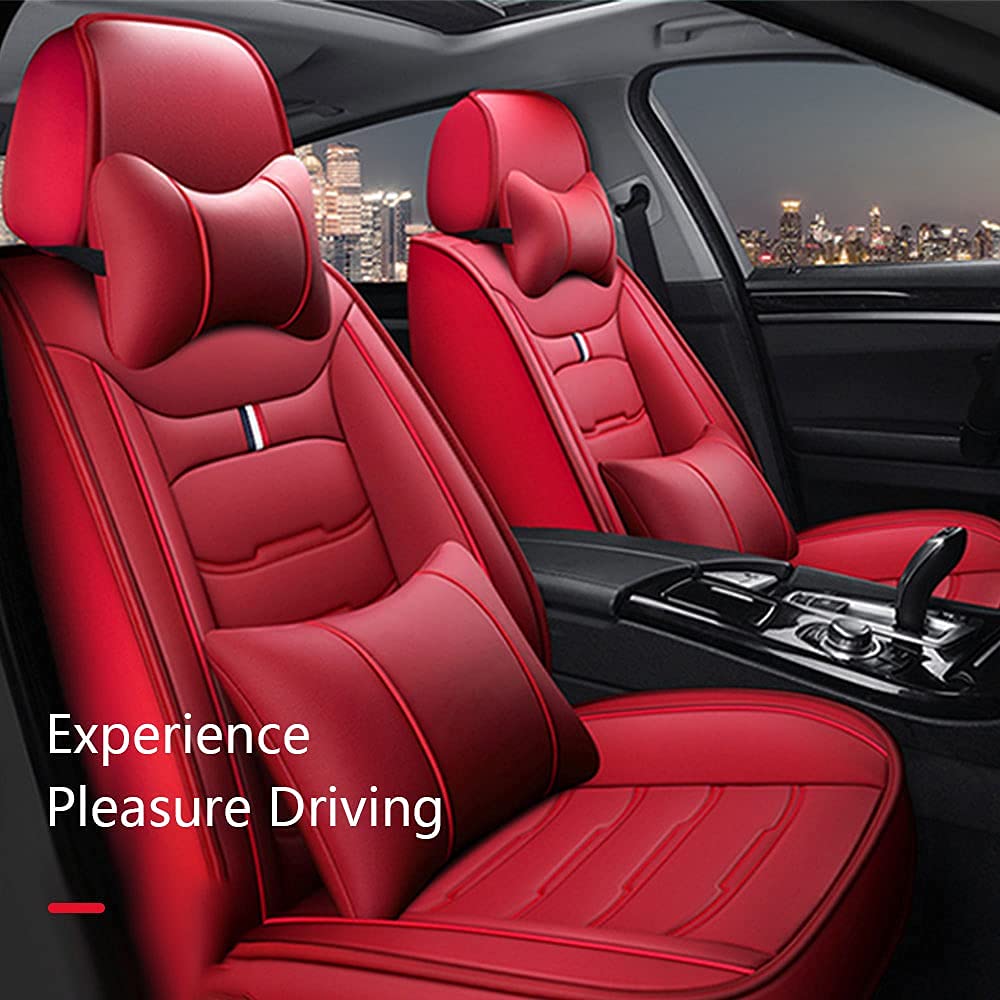 Premium PU Leather Front & Rear Seat Covers with Headrest Backrest Cushions for Hyundai Santa Cruz - Durable, Comfortable & Wear-Resistant Car Seat Protectors (Red) - Perfect for Daily Commute, Road Trips & Outdoor Adventures