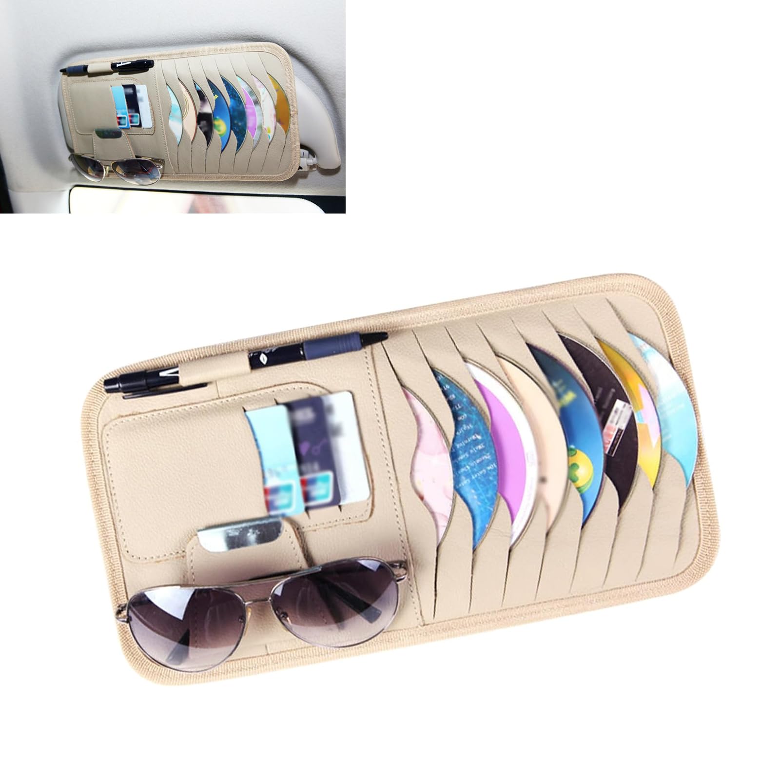 1 PC Car Sun Visor CD Storage Organizer - Multi-Pocket Leather Car Accessory for CDs, Sunglasses, Cards & Pens - Universal Vehicle Interior Organizer (Beige) | Perfect for Road Trips & Daily Commute