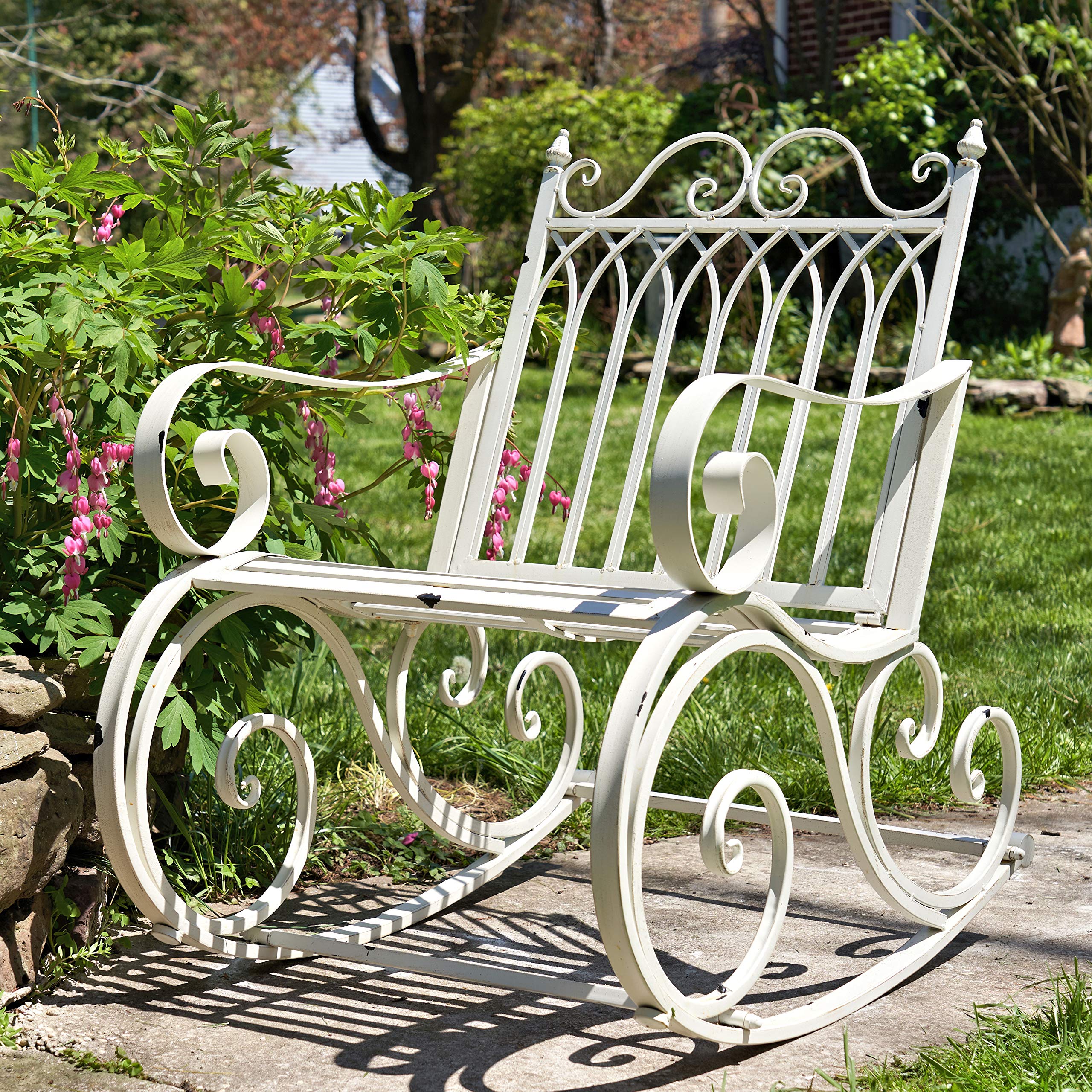 Zaer Ltd. Outdoor Metal Rocking Arm Chair - Antique White Patio Rocking Bench for Garden, Porch & Backyard Relaxation | Durable All-Weather Furniture for Outdoor Living Spaces