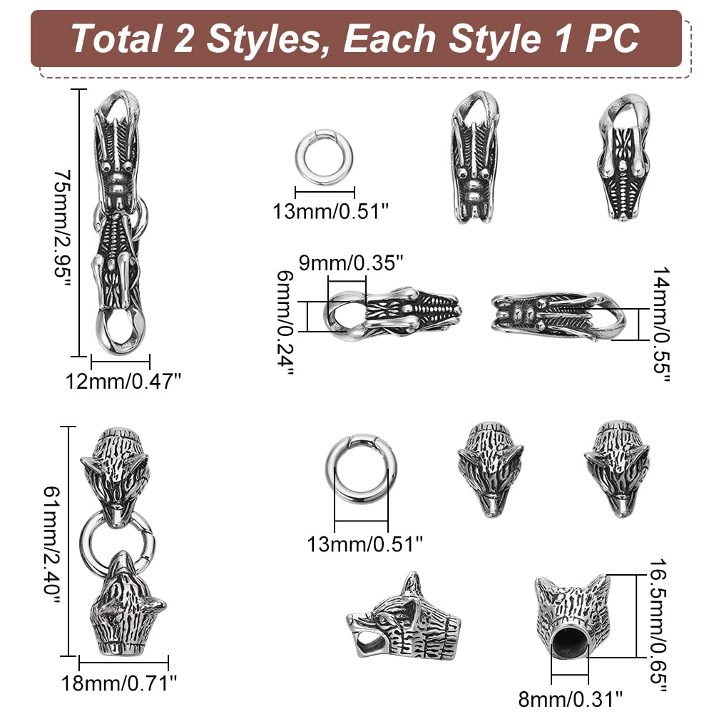 UNICRAFTALE 2 Sets Tibetan Style 304 Stainless Steel Spring Gate Rings - Antique Silver Wolf & Dragon Head O Rings, Cord Ends Clasps for Leather Bracelet Making, Jewelry Crafting Supplies - Perfect for DIY Boho Jewelry, Friendship Bracelets & Handmade Accessories