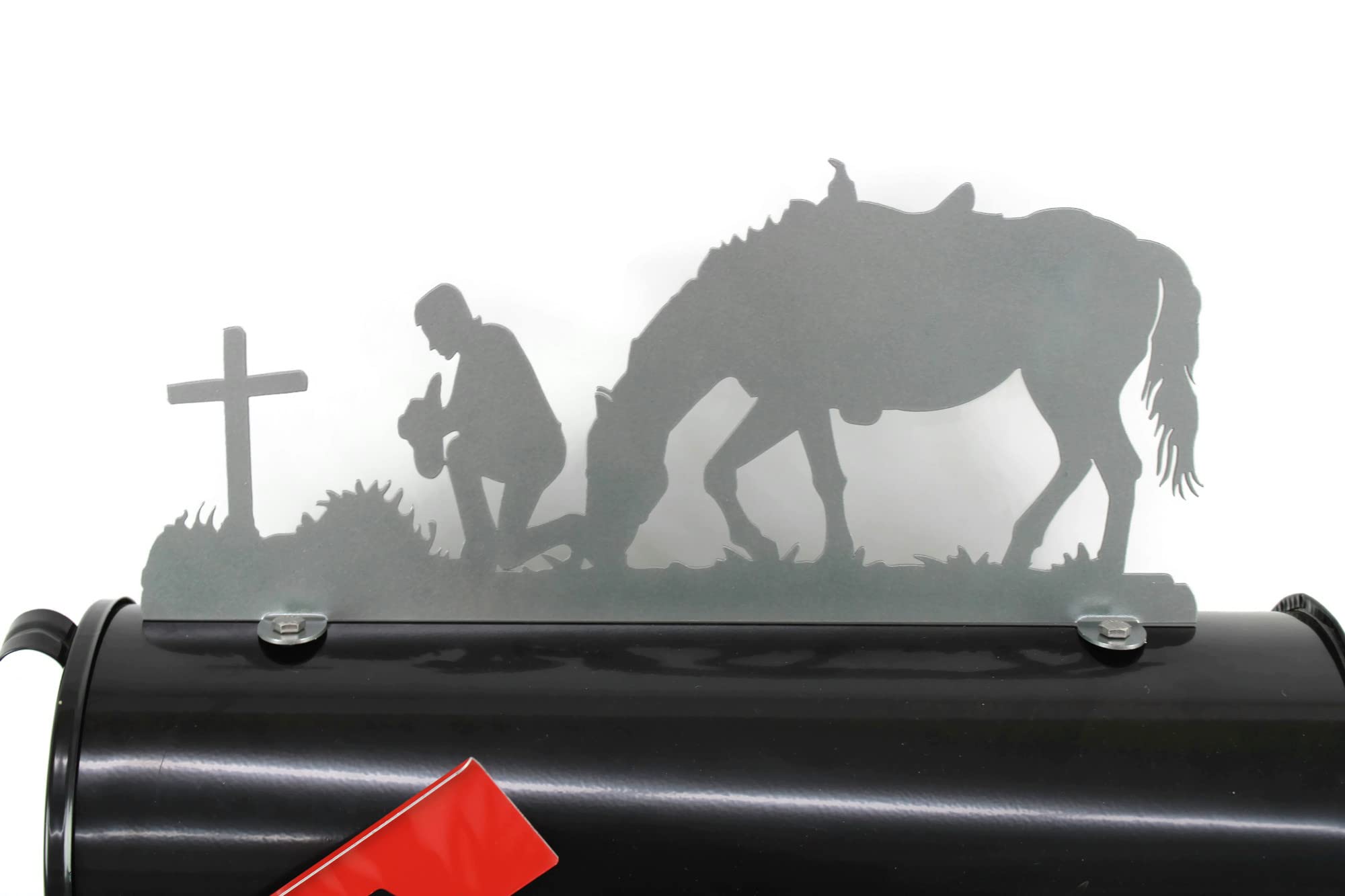 Western & Wildlife Metal Mailbox Topper - Praying Cowboy Design in Metallic Dark Gray | Durable Outdoor Decoration for Ranch, Farmhouse & Country Home Mailboxes