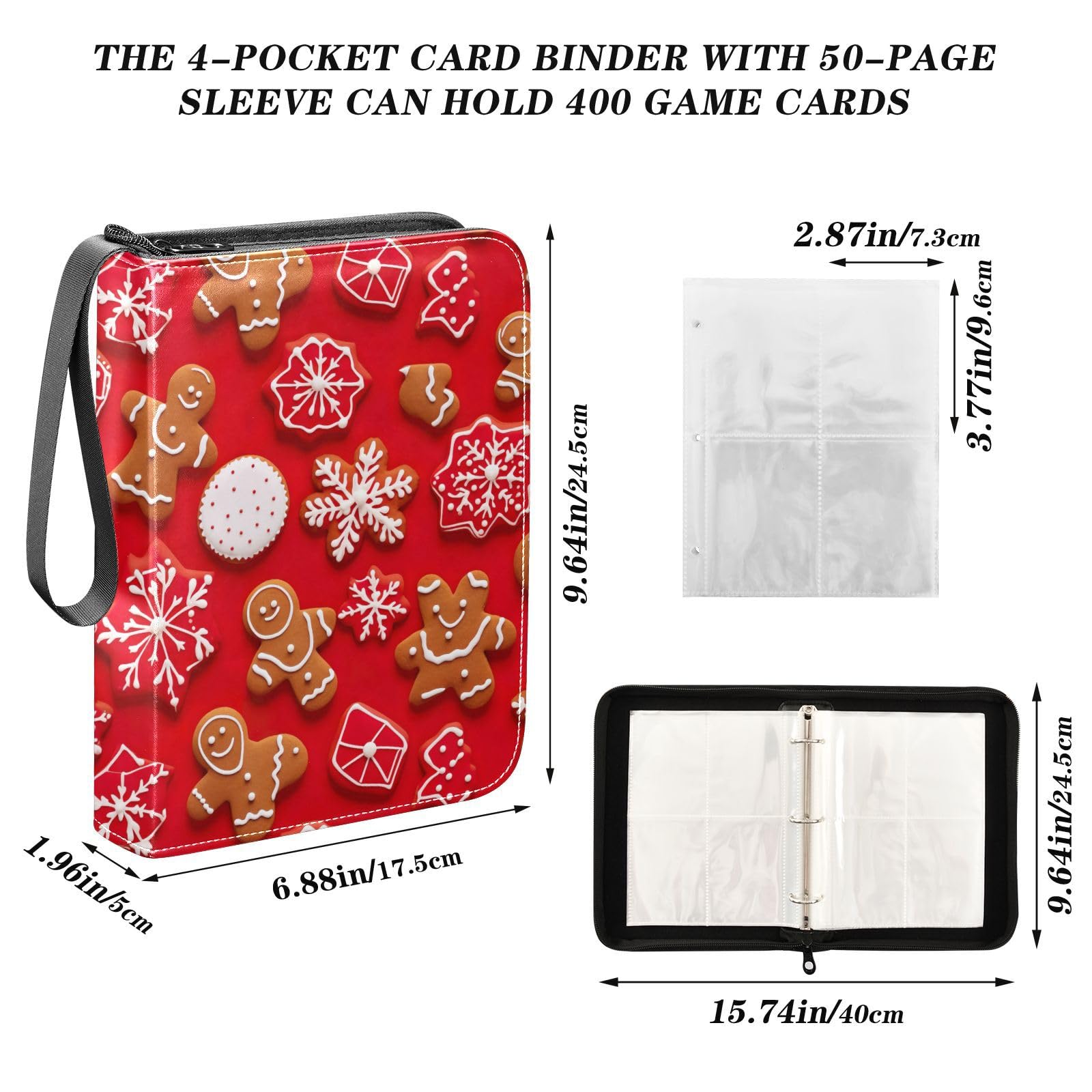 Christmas Gingerbread Snow Themed 4-Pocket Trading Card Binder with 50 Sleeves - Holds 400 Cards | 3-Ring Card Holder Book for Sleeved Cards | Perfect for Collectors, TCG Games & Holiday Gift Giving