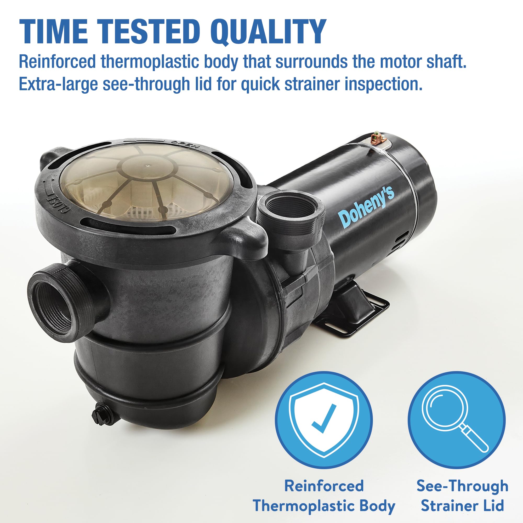 Doheny's 1 HP Above Ground Pool Pump - 115V, 75 GPM (0.9 THP) - Stainless Steel Shaft & Reinforced Thermoplastic - Low Noise & High Efficiency - 1.5