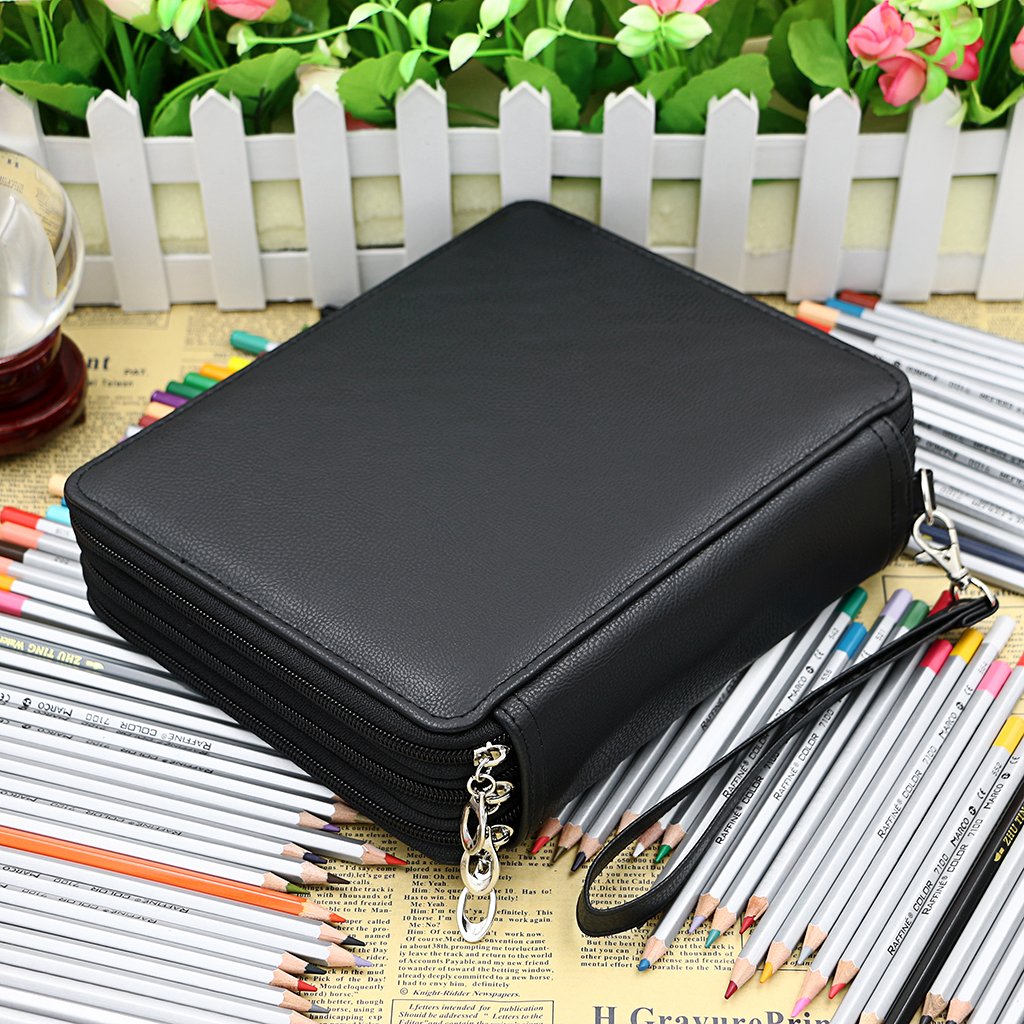 BTSKY Deluxe PU Leather Pencil Case for Colored Pencils - 120 Slot Large Capacity Pencil Holder with Handle Strap, Durable Art Supply Organizer for Artists & Students (Black) - Perfect for School, Office & Travel Use