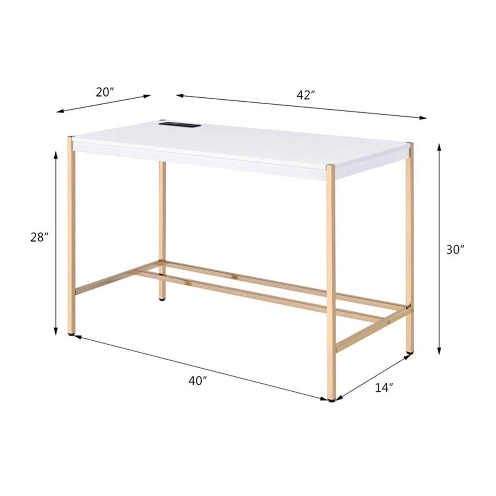 Acme Midriaks White and Gold Wooden Writing Desk with USB Port - Perfect for Home Office, Study Room & Small Spaces