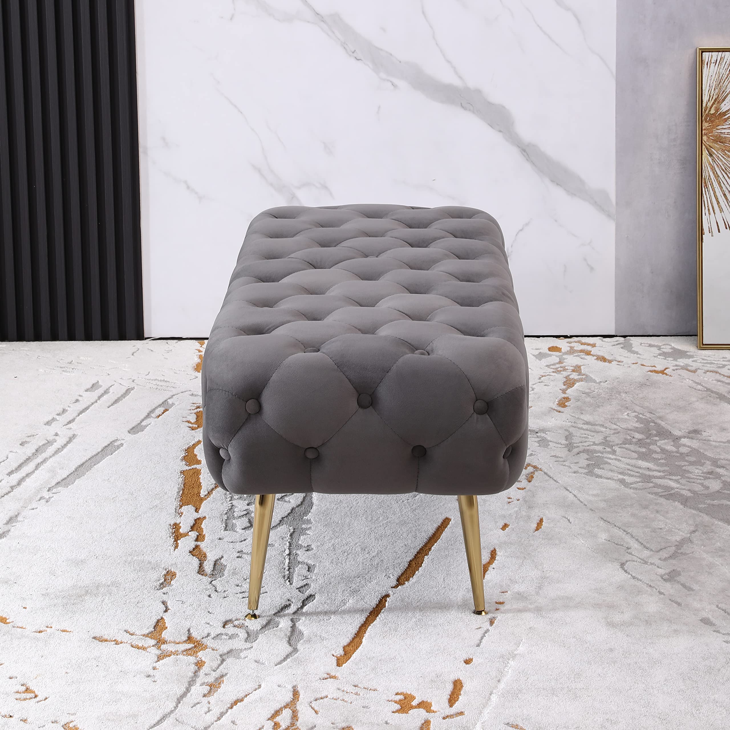 Roundhill Furniture Sira Gray Upholstered Bench - Modern Entryway, Living Room, or Bedroom Seating with Sturdy Wooden Legs