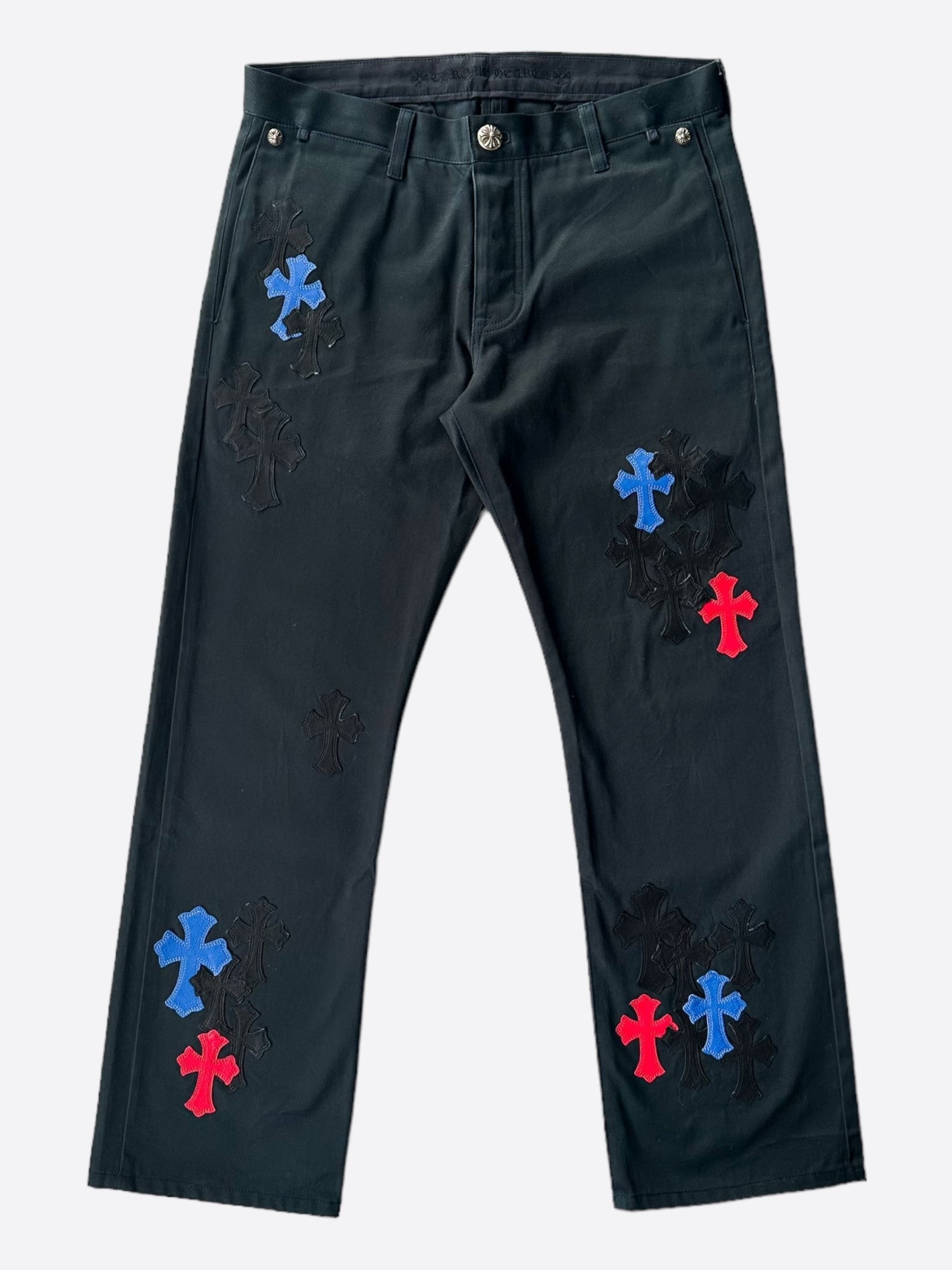 Chrome Hearts Dark Navy Multicolor Cross Patch Chino Pants for Men - Stylish Casual & Streetwear Fashion | Perfect for Everyday Wear, Parties, and Urban Outfits