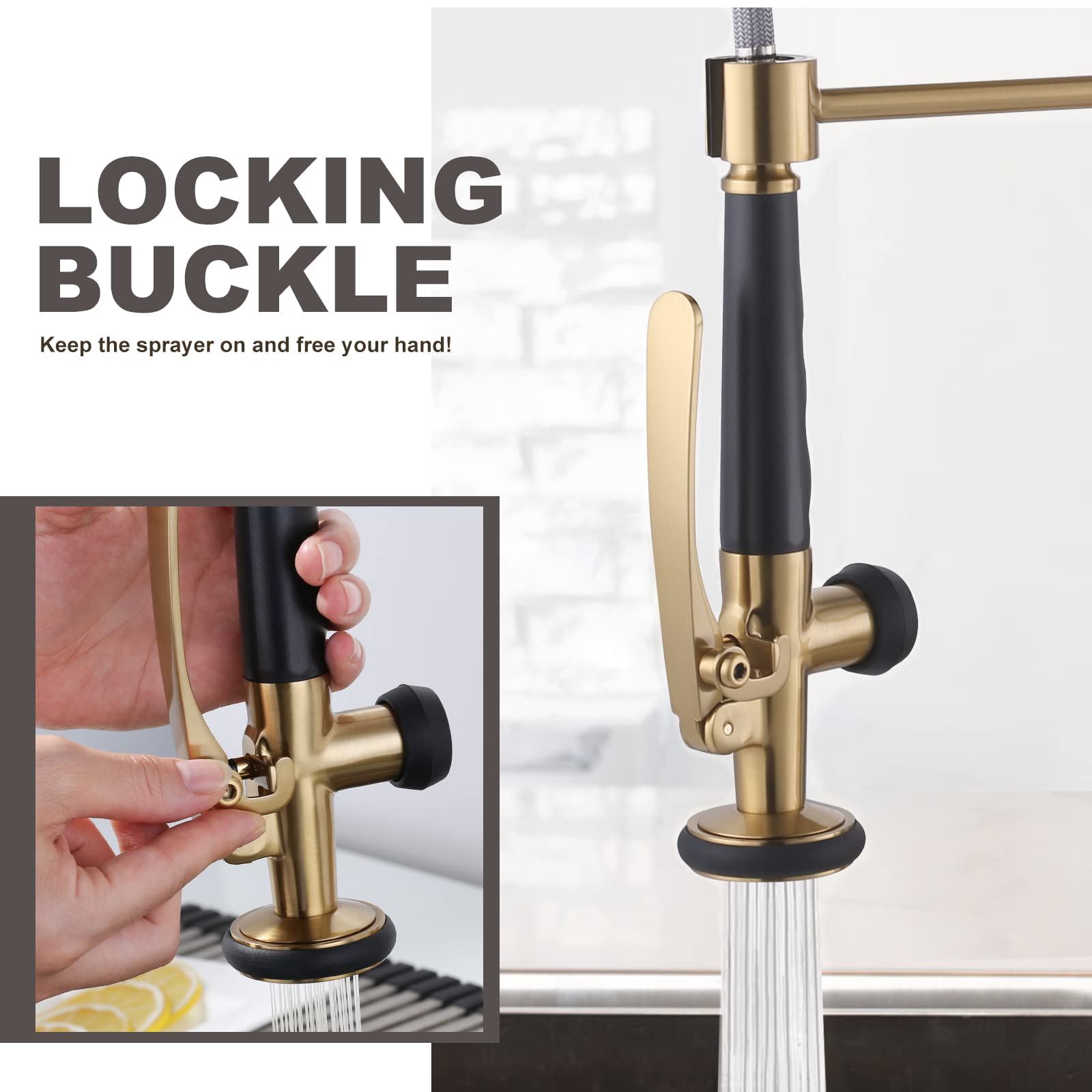 Commercial Grade Brushed Brass Kitchen Faucet with Pre-Rinse Sprayer - Heavy Duty Restaurant Sink Faucet for 1 or 3 Hole Installation (Includes Deck Plate) - Perfect for High-Traffic Kitchens, Outdoor Bars & Food Service Areas