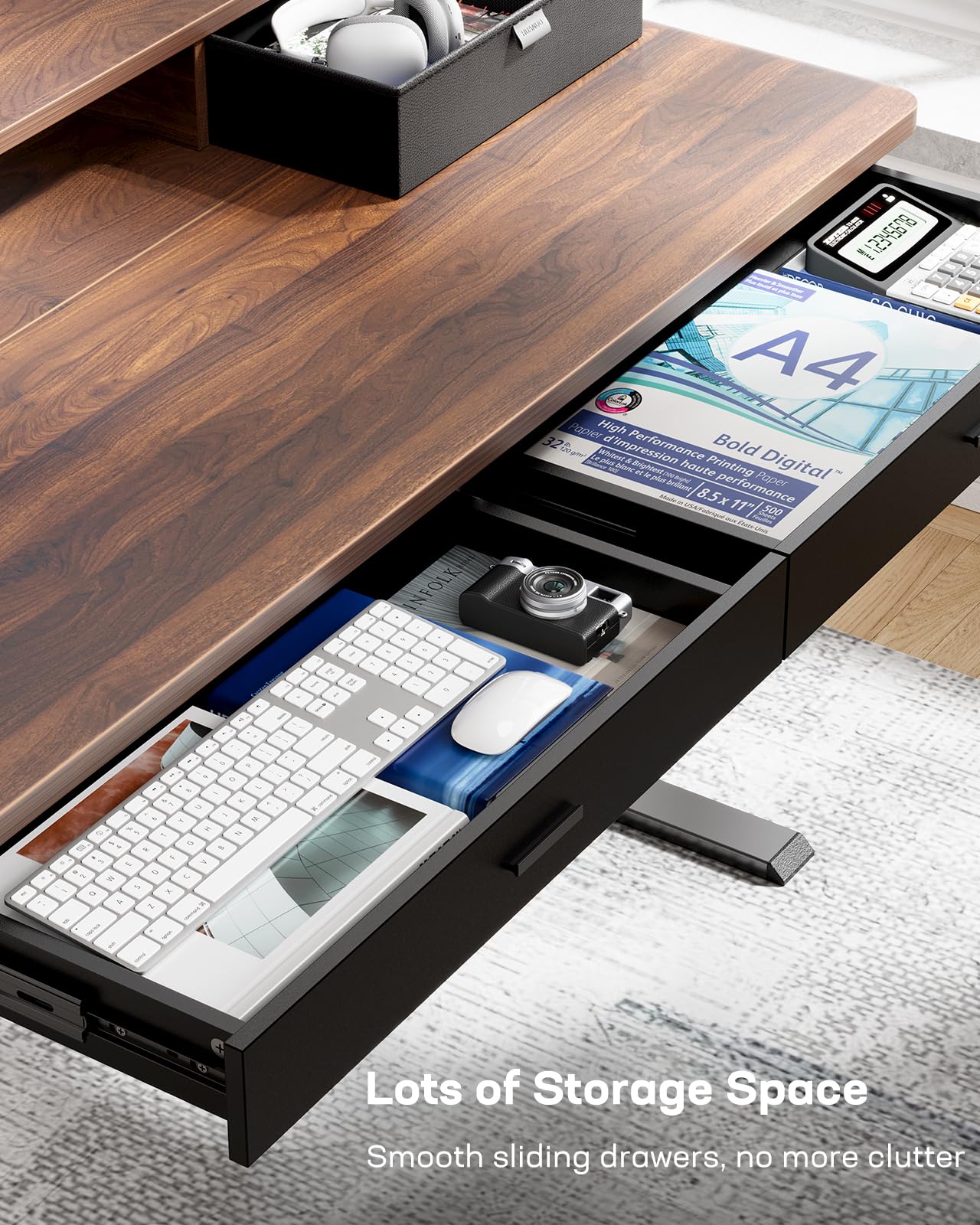 HUANUO 48 x 30 Inch Electric Standing Desk with 4 Drawers - Adjustable Height Sit Stand Home Office Desk with Two Tiers & Monitor Stand - Ergonomic Walnut Computer Workstation for Home & Office Use