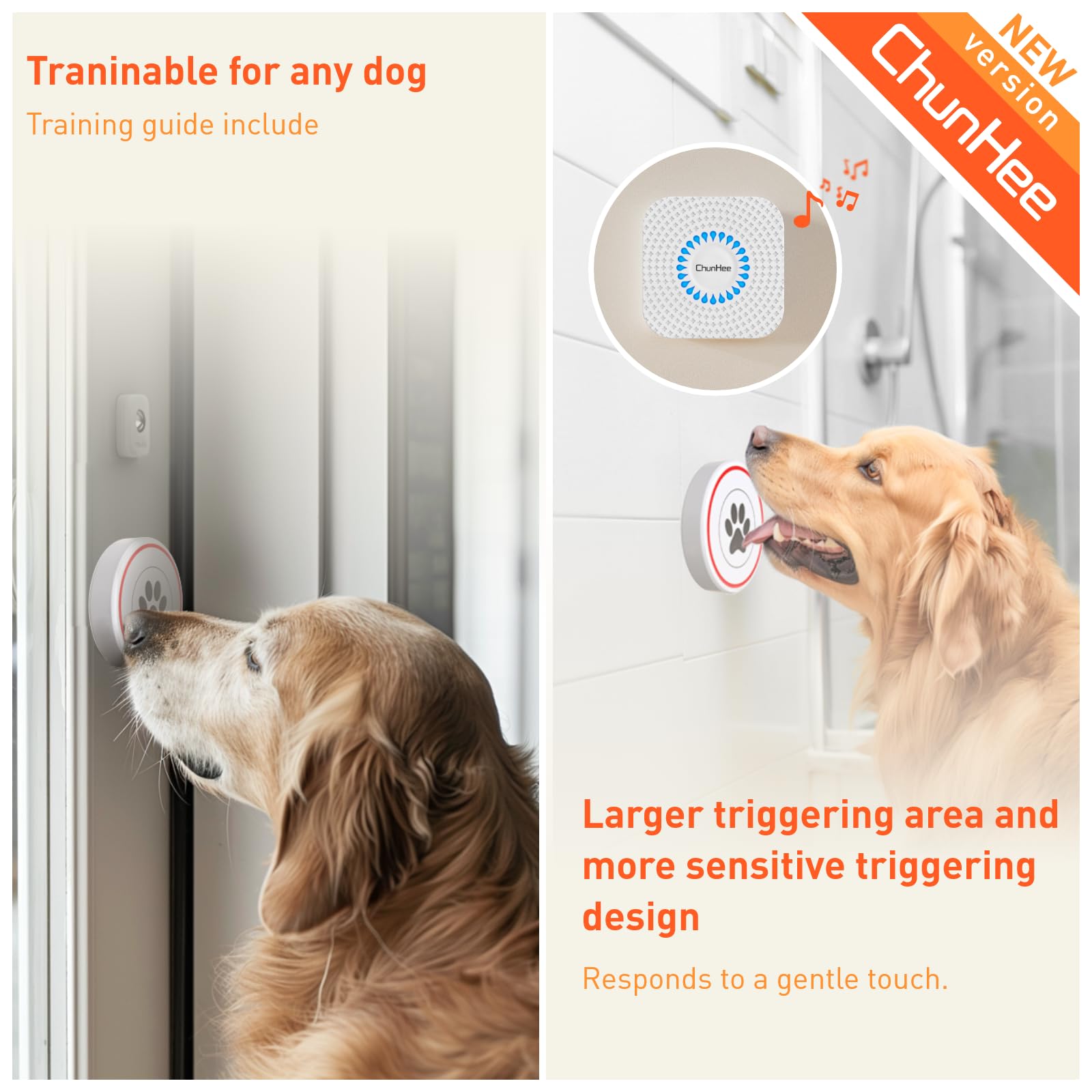 ChunHee Dog Training Bells - Adjustable 0-110db Volume with 55 Chimes, 2 Receivers & 4 Buttons for Potty Training & Outdoor Access - Perfect for Housebreaking Puppies & Teaching Dogs to Signal When They Need to Go Outside