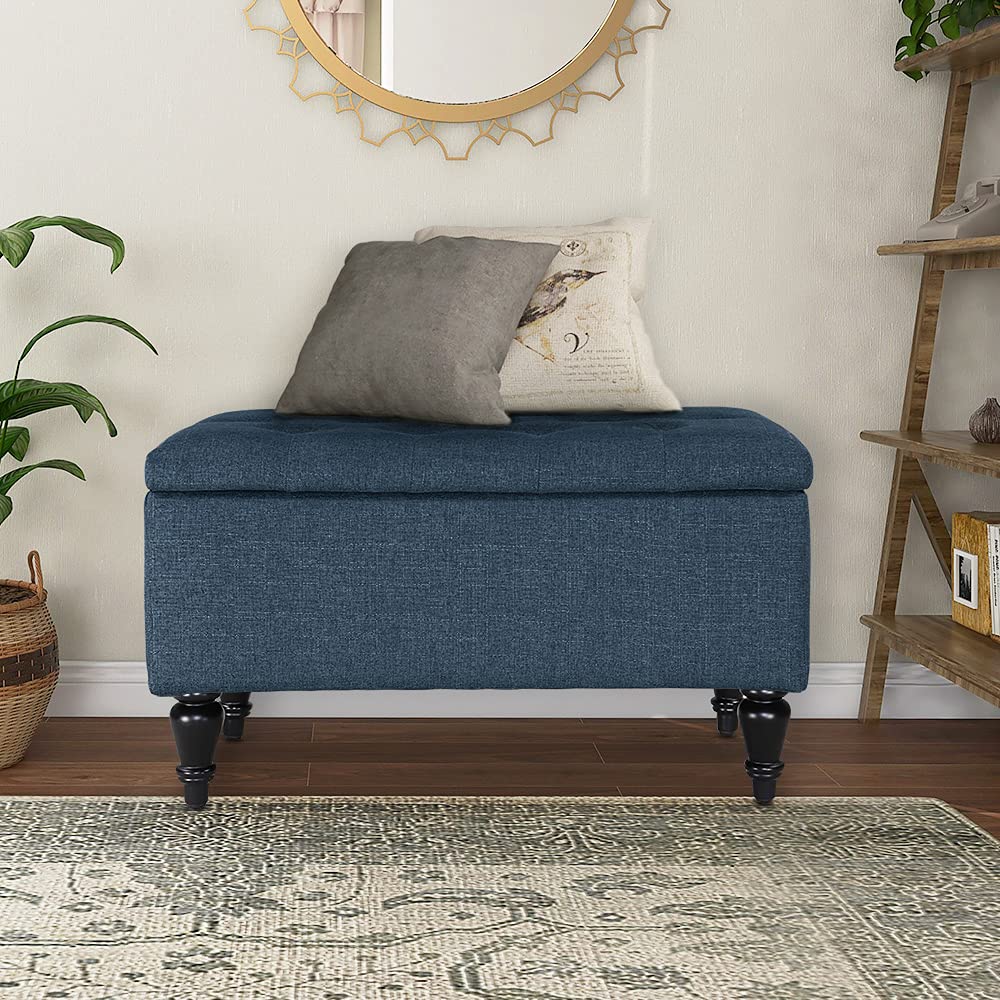 MAYPEX 29 Inch Tufted Rectangular Storage Ottoman Bench - Navy Blue Upholstered Coffee Table with Smooth Hinge Lid, Multi-Functional Seat for Living Room, Bedroom & Office - Perfect for Extra Seating, Hidden Storage & Home Decor