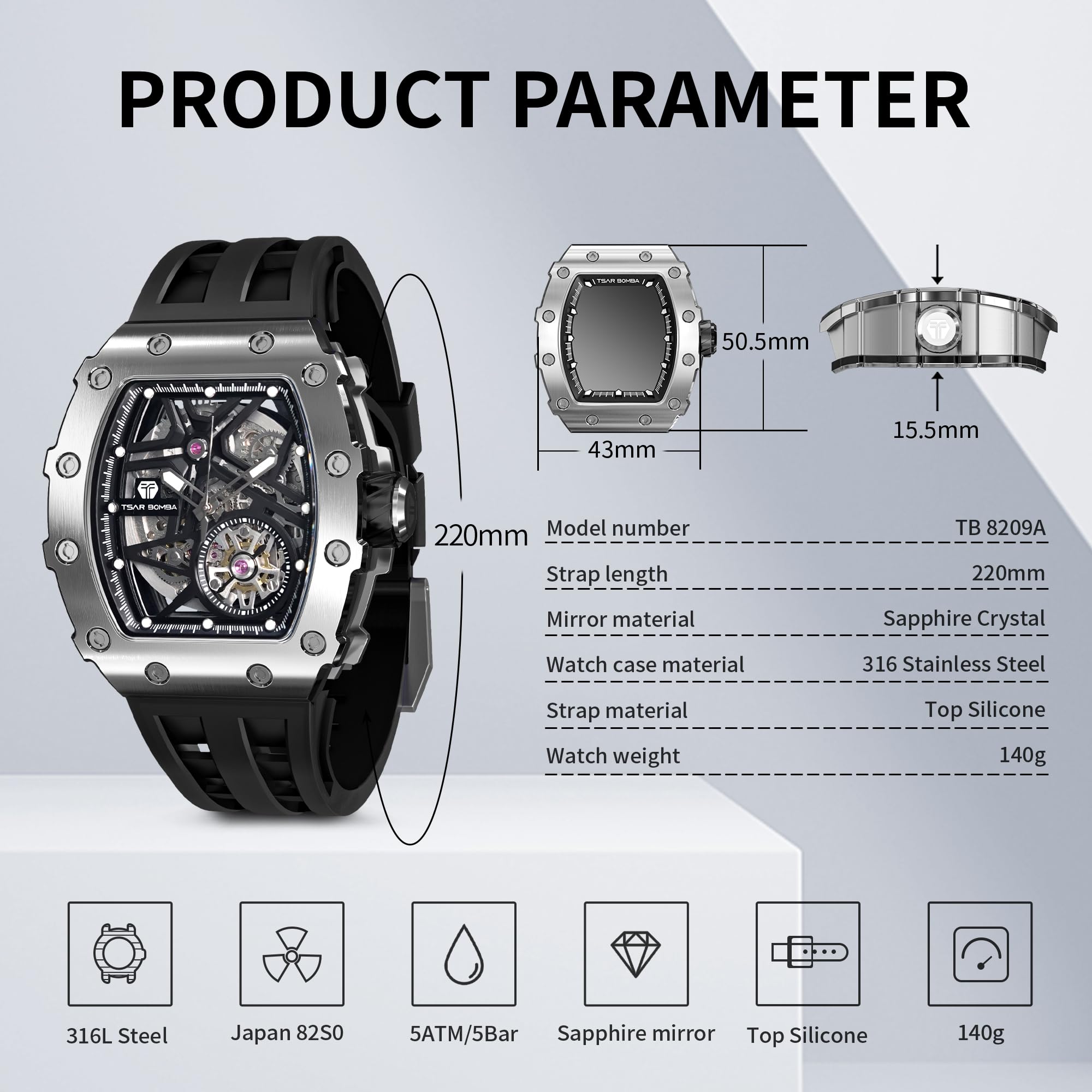TSAR BOMBA Men's Automatic Skeleton Watch - Luxury Tonneau Design, 50M Waterproof, Silver Square Big Face with Silicone Strap - Perfect for Business, Formal Events & Everyday Wear