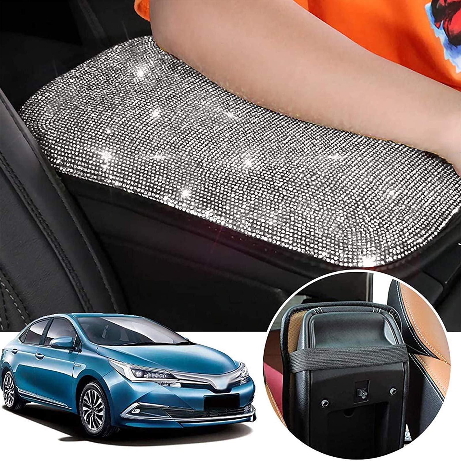 Sparkling Rhinestone Car Armrest Cover - White for Luxury Car Interior Protection & Comfort
