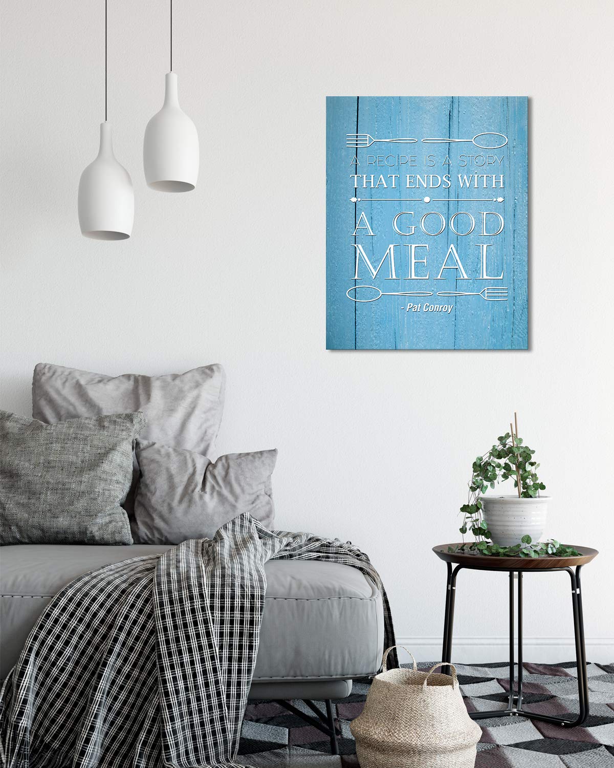 Pat Conroy Quote Wall Art Print - 'A Recipe Is A Story That Ends With A Good Meal' - 16x20 Unframed Canvas Artwork with Blue Background - Perfect for Kitchen, Dining Room & Home Decor