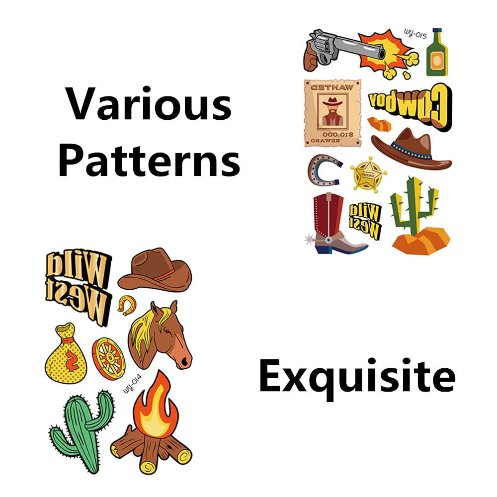 6 Pcs Western Cowboy Temporary Tattoos - Cartoon Cowboy Tattoo Stickers for Rodeo Party, Birthday, Cowboy Theme Party - Perfect for Western Costumes, Halloween, and Wild West Events