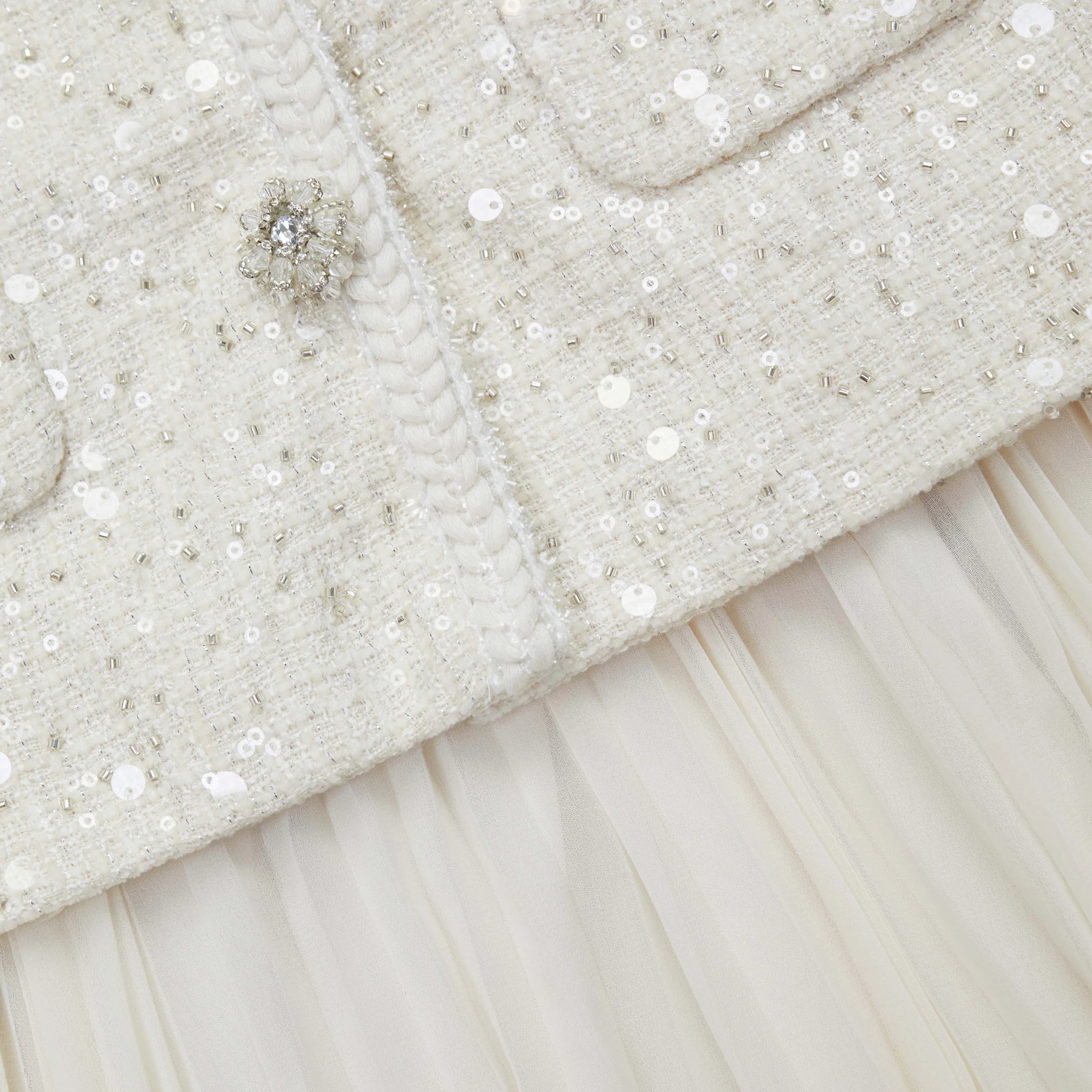 Elegant Cream Sequin Boucle Tailored Mini Dress for Women - Perfect for Cocktail Parties, Weddings & Evening Events