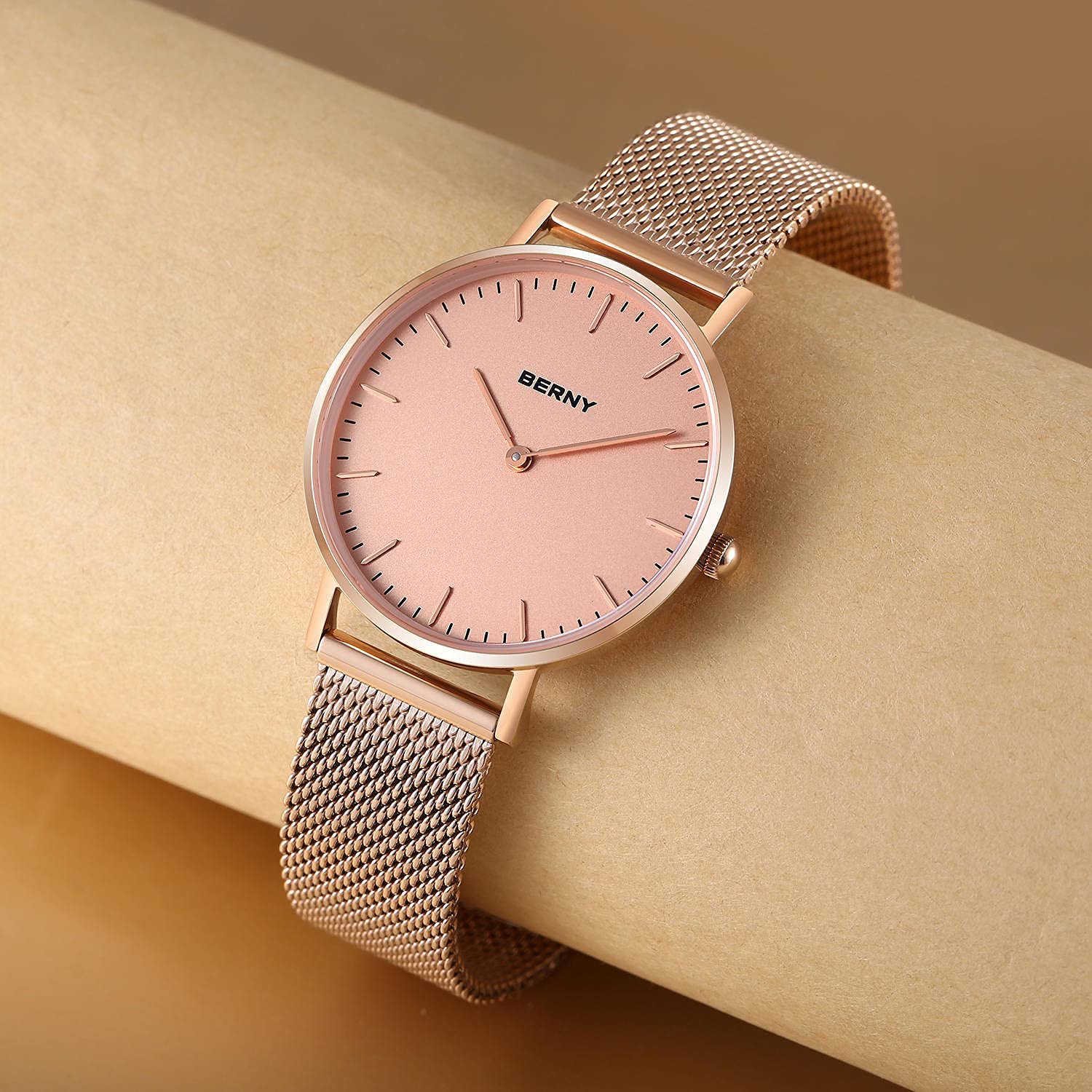 BERNY Women's Rose Gold Minimalist Quartz Watch - Ultra-Thin Two-Hand Design with Mesh Strap, Waterproof Fashion Wristwatch for Everyday Wear, Office & Special Occasions