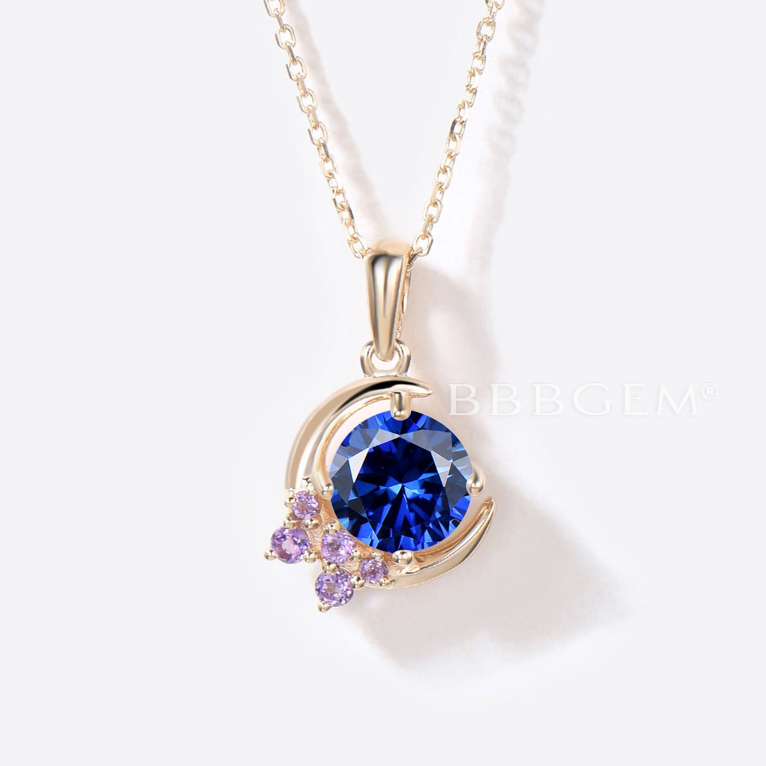 5mm Round Blue Sapphire & Amethyst Cluster Pendant Necklace - Moon Design Elegant Jewelry for Women, Perfect for Wedding, Party & Gift Giving