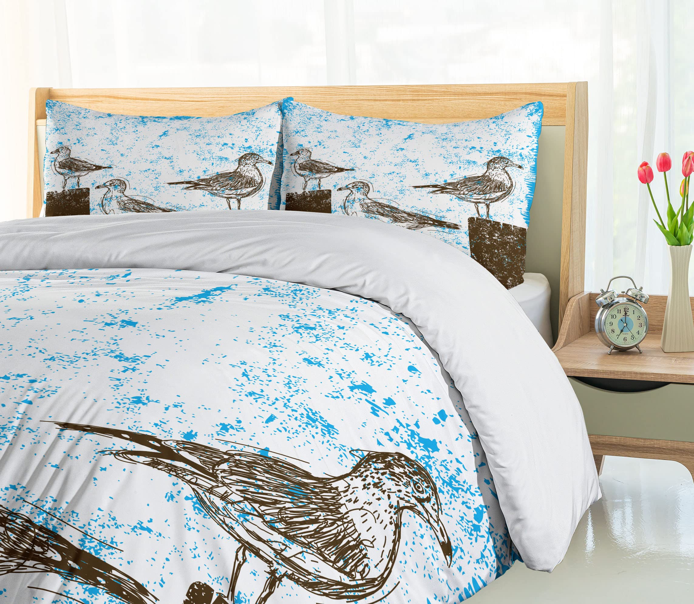 Ambesonne Seagulls Duvet Cover Set - Queen Size Blue White Brown Abstract Print 3-Piece Bedding with 2 Pillow Shams | Coastal Nautical Beach House Decor for Master Bedroom, Guest Room & Vacation Homes