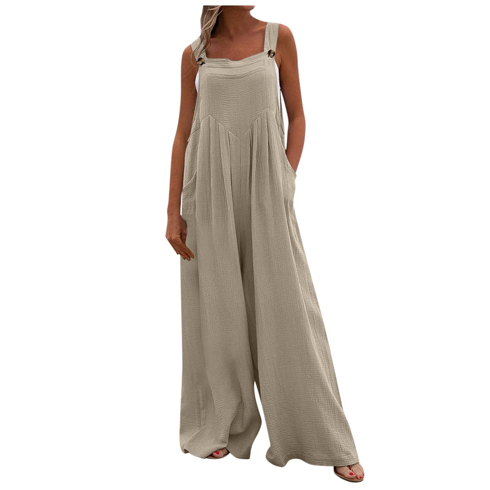 Women's Wide Leg Jumpsuit - Long Palazzo Pants Romper with Pockets | Boho Chic Sleeveless Overalls for Lounge, Beach & Casual Wear | Plus Size Loose Fit Jumpsuit for Women