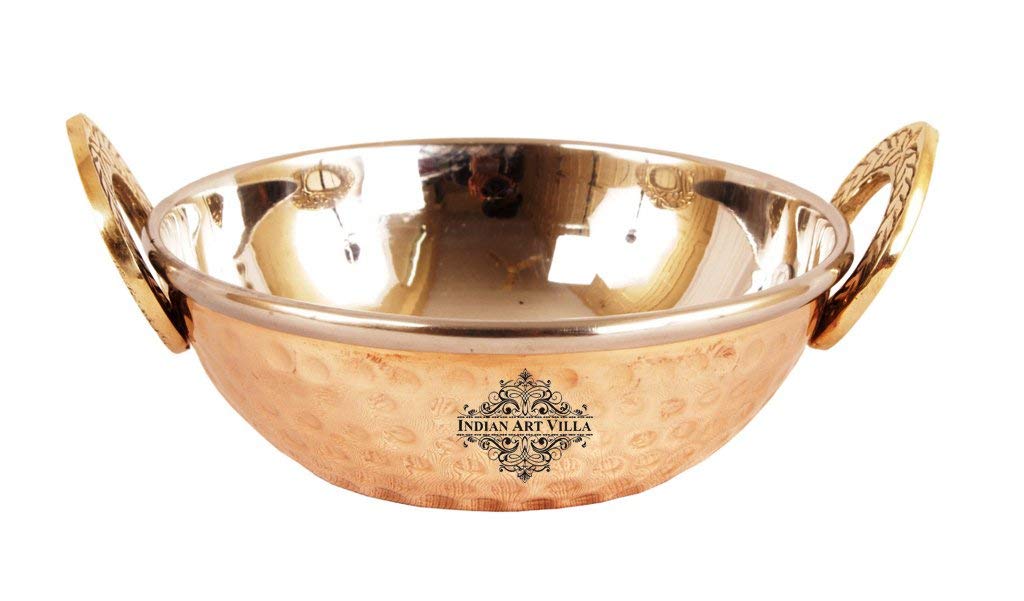 Indian Art Villa Hammered Steel Copper Kadhai Wok Bowl Set - 12oz (6-Piece) for Cooking & Serving | Traditional Indian Tableware for Curry, Rice & Stir Fry | Perfect for Home Dining & Party Serving