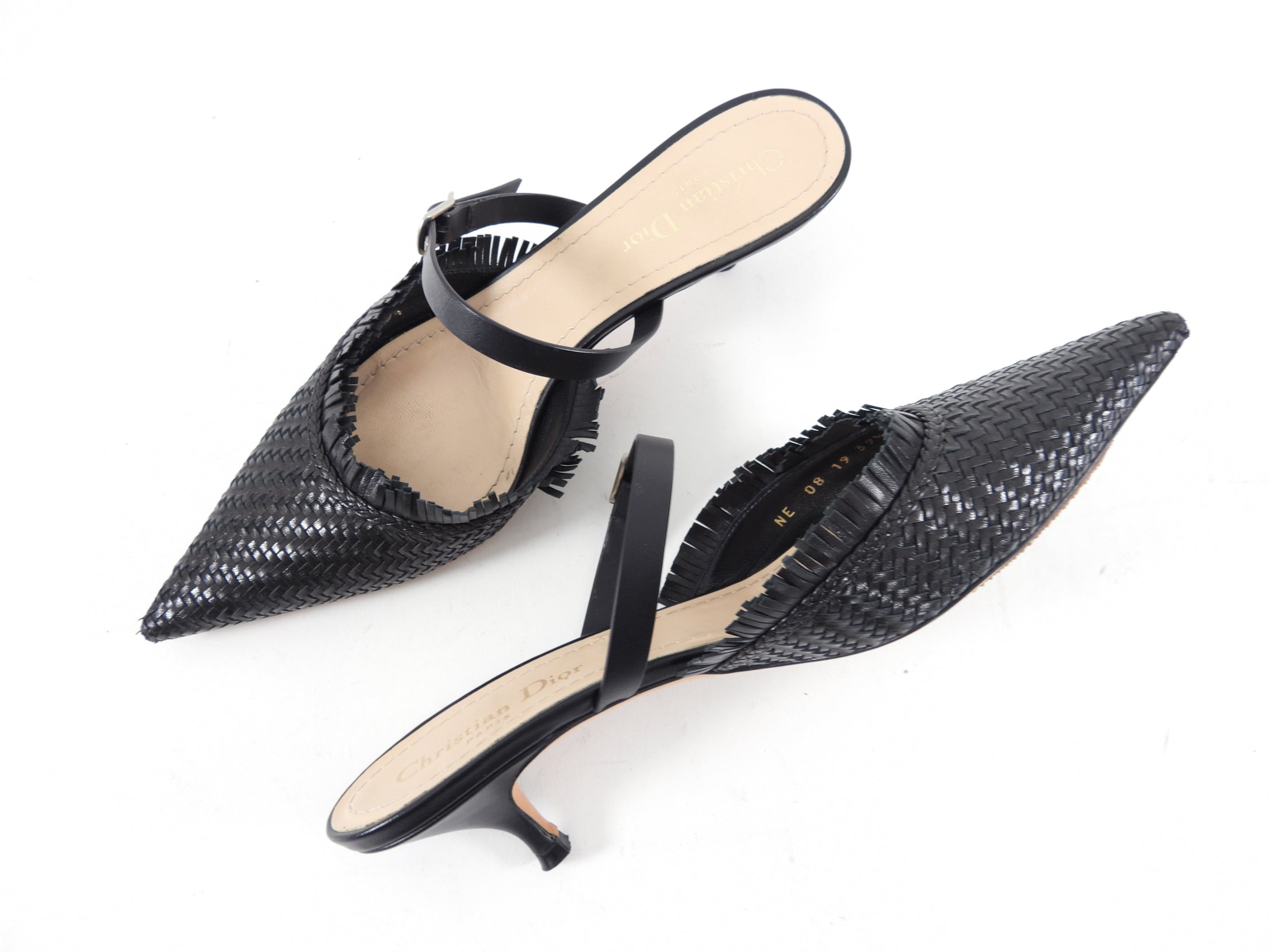 Christian Dior Black Leather Pointed Woven Mules Women's Luxury Slip-On Shoes Size 8.5 - Perfect for Evening Parties & Formal Occasions