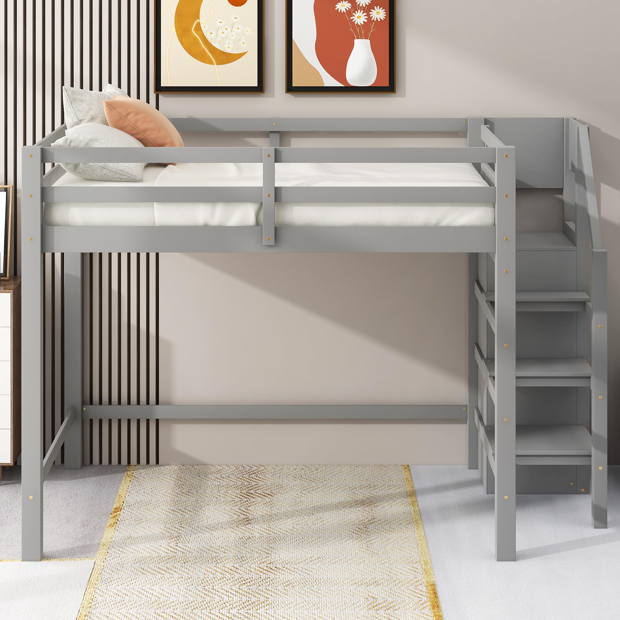 Polibi Full Size Wooden Loft Bed with Built-in Wardrobe & Staircase - Space Saving Storage Bed Frame with Guardrails, No Box Spring Needed, Grey - Perfect for Kids Rooms, Dormitories & Small Apartments