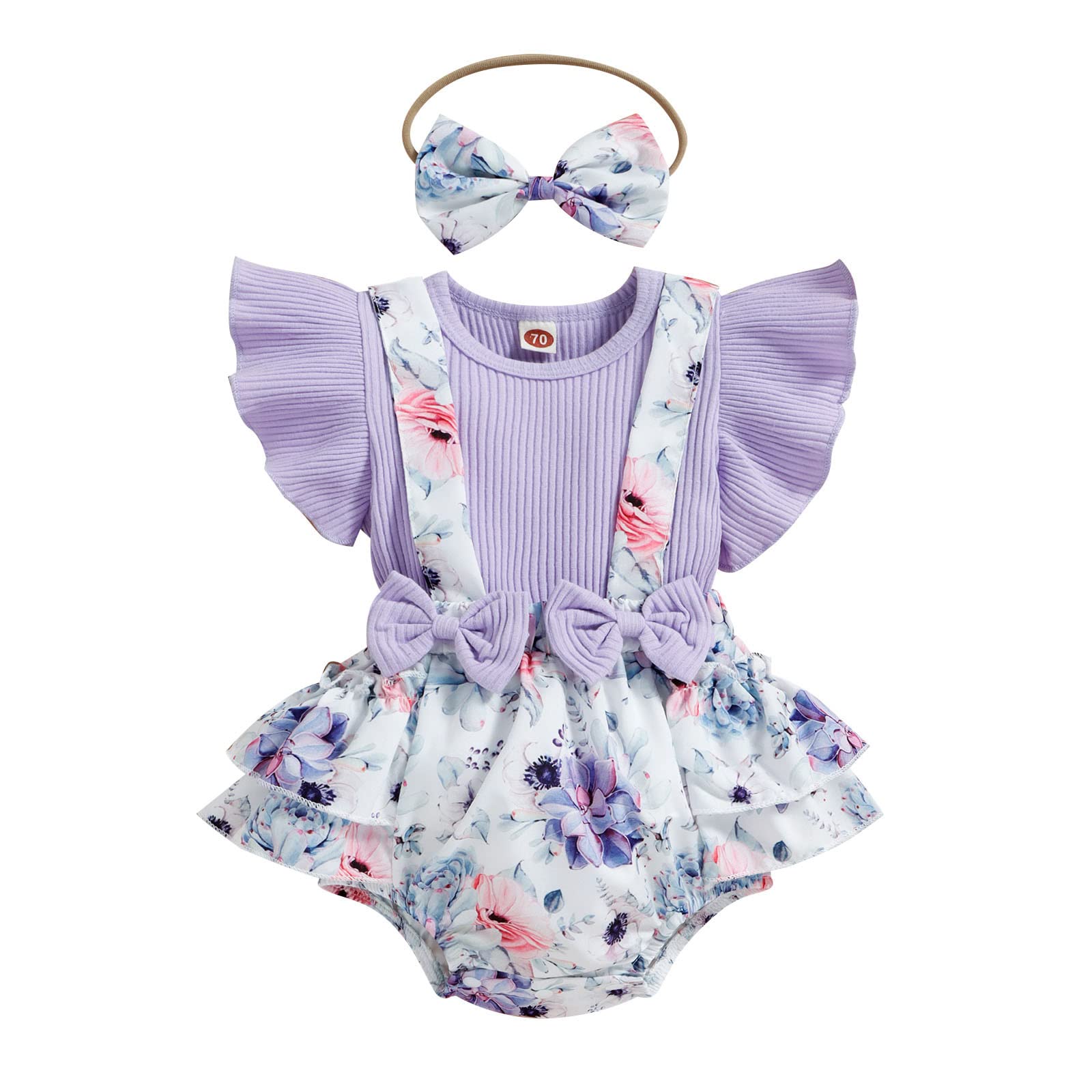 Newborn Baby Girl Romper with Ruffled Sleeves & Suspenders + Headband Set | Cute Infant Jumpsuit Outfit for Summer | Perfect for Photoshoots, Parties & Daily Wear