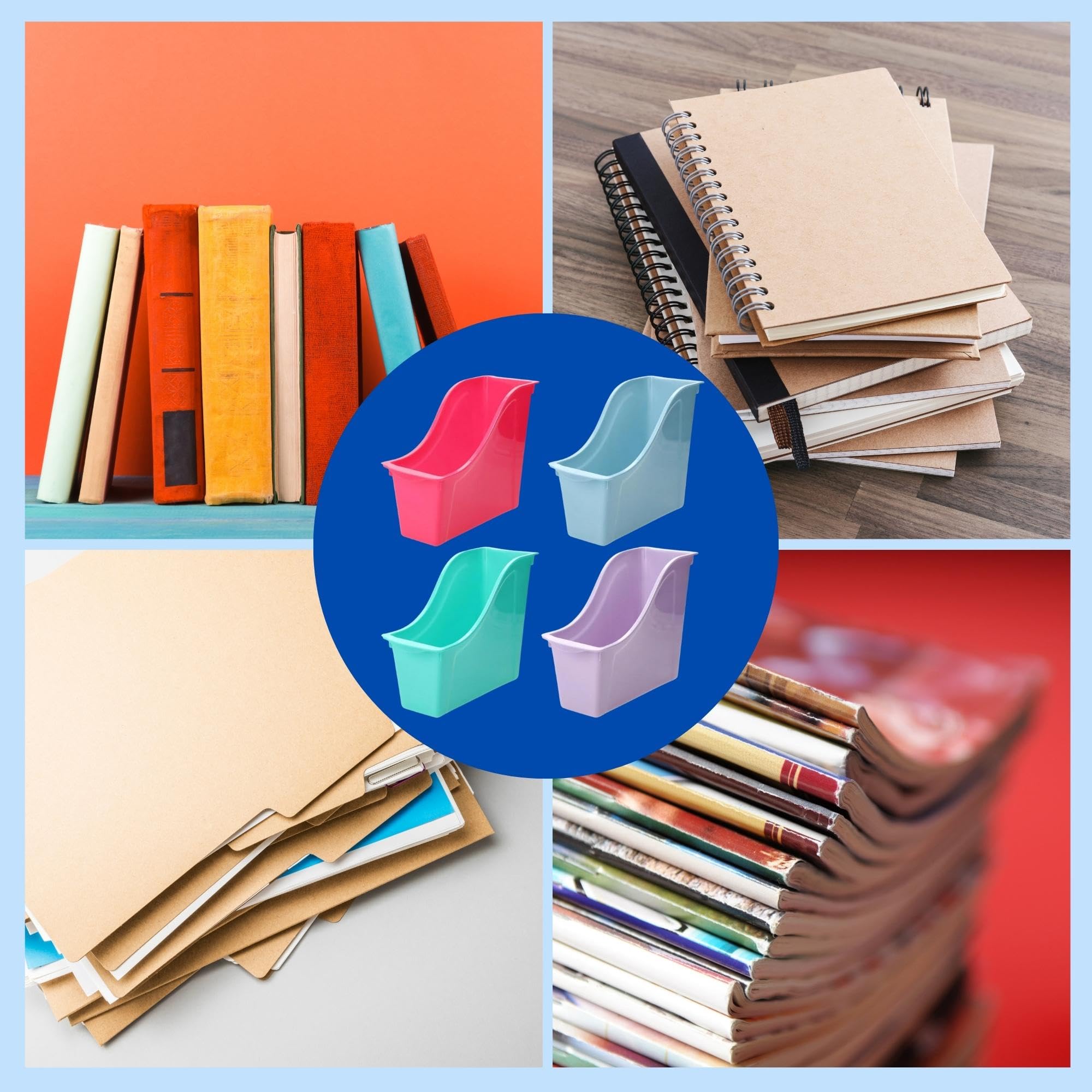 A1U Colorful Plastic Book Bins & Storage Trays - Multipurpose Organizer Baskets for Books, Toys, Office Supplies - Perfect for Home, School & Office Organization (Bundle with Bonus Item)