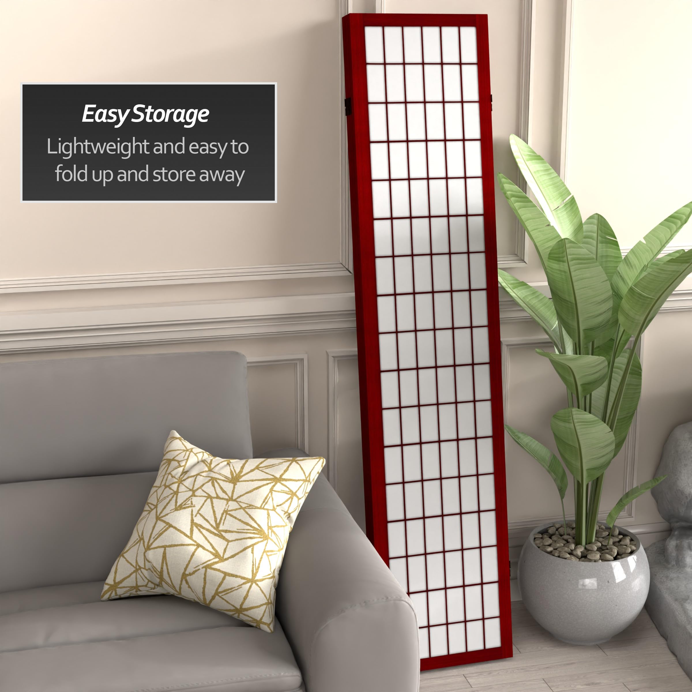6 ft Tall Red Lantern Canvas Window Pane Rosewood Room Divider - 3 Panel Folding Privacy Screen for Living Room, Bedroom & Office Partition