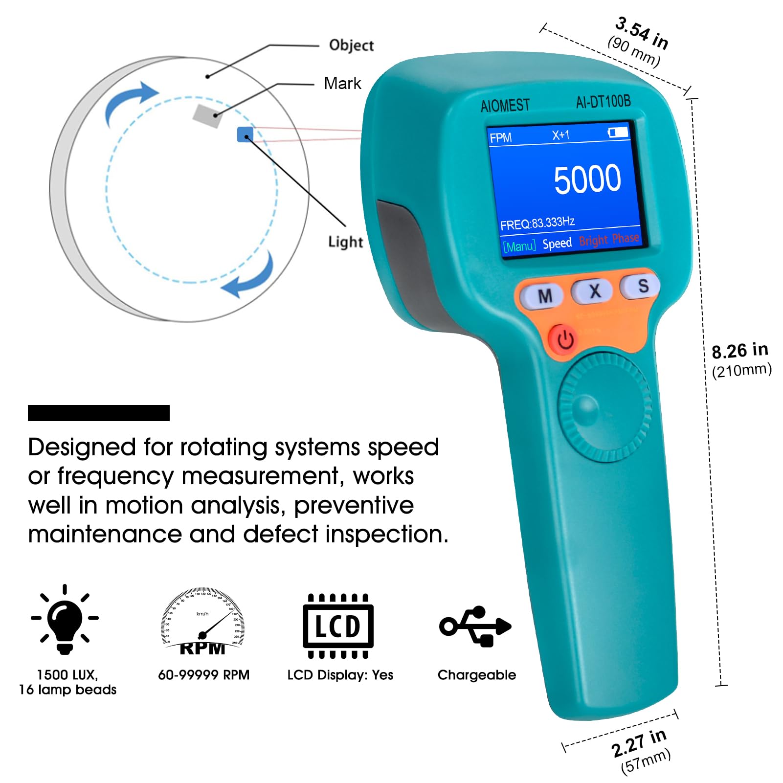Digital LED Stroboscope - High Brightness 1500LUX, Non-Contact Tachometer for RPM/Hz Measurement (60-999,999), Adjustable Strobe Light & Rechargeable Speed Tester | Perfect for HVAC Systems, Motor Engines, Industrial Equipment & Automotive Diagnostics