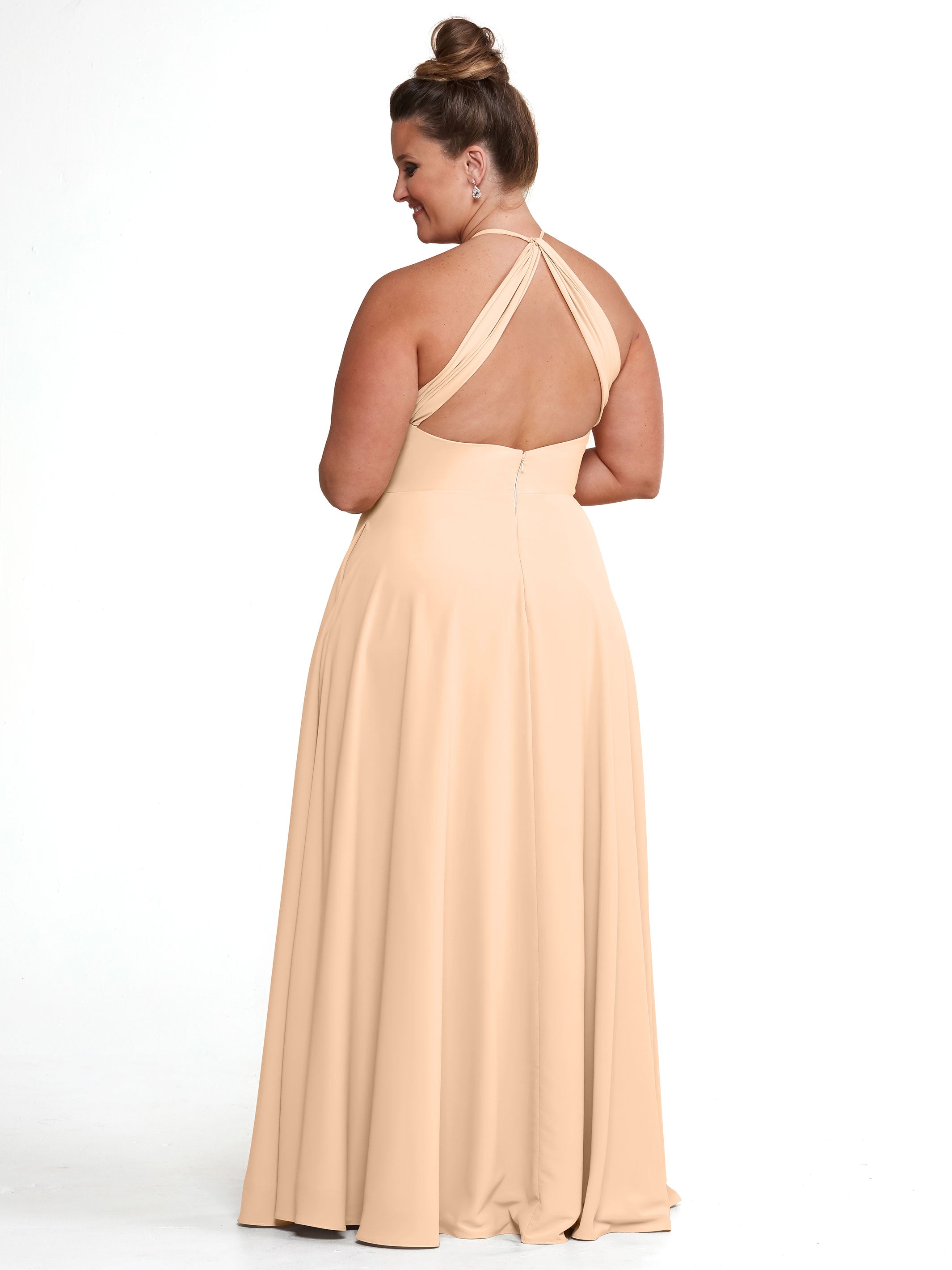Elegant 83022 Stretch Chiffon Halter A-Line Bridesmaid Dress with Pockets - Perfect for Weddings, Parties & Formal Events