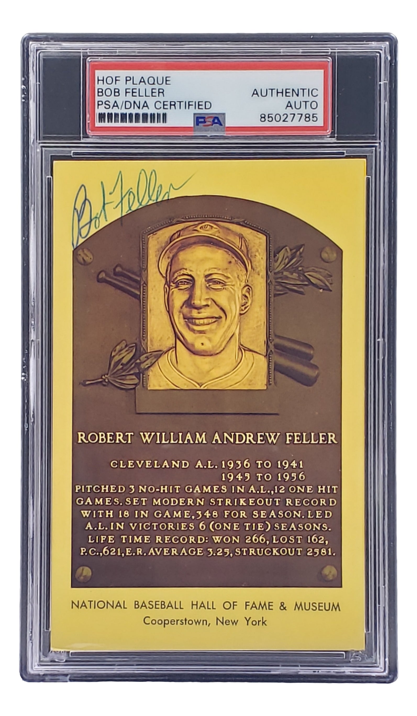 Authentic Bob Feller Signed 4x6 Cleveland Hall of Fame Plaque Card with PSA/DNA Certification 85027785 - Perfect for Baseball Memorabilia Collections & Sports Fan Gifts