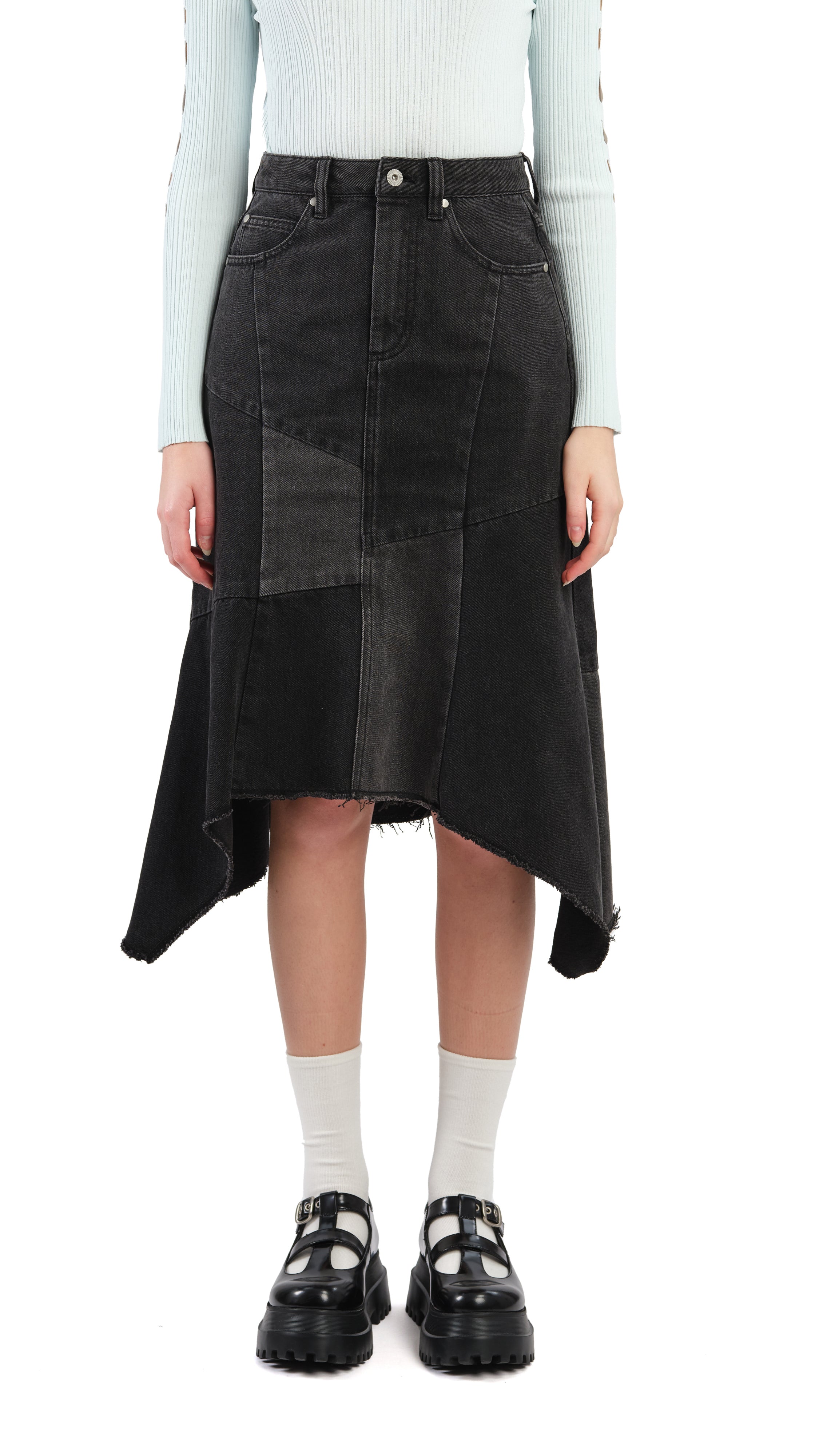 Vintage Rebuilt Denim Fishtail Skirt for Women - Distressed High Waist A-Line Denim Skirt with Asymmetrical Hem | Perfect for Boho Outfits, Casual Wear & Street Style Fashion