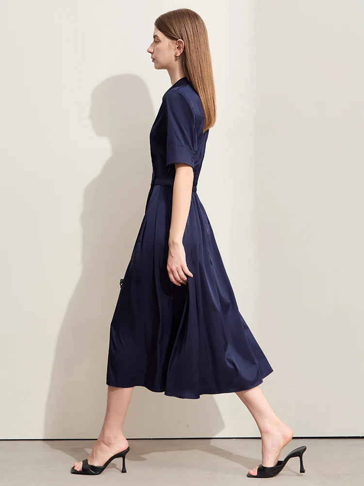Elegant Minimalist Silk Dress for Women - Summer Light Luxury Lapel Half Placket Stretch Long Shirt Dress | Perfect for Office Wear, Date Nights & Special Occasions