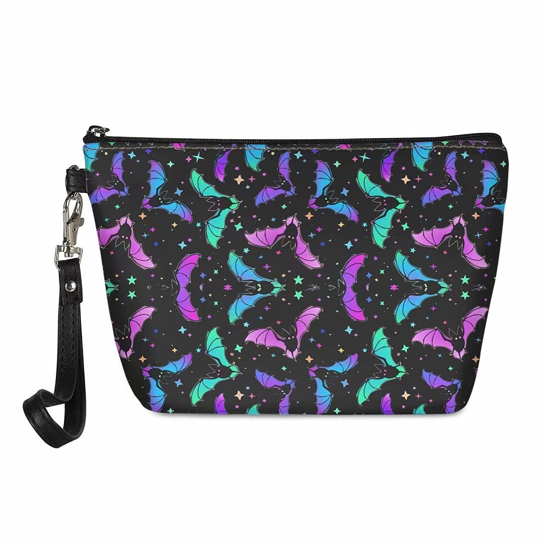 NRBEAWD Stylish Bat Star Print Cosmetic Bag for Women - PU Leather Makeup Pouch with Handle, Portable Travel Organizer for Toiletries, Perfect for Gym, Beach, and Everyday Use