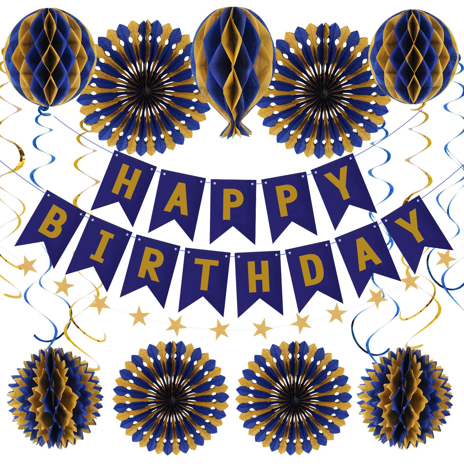 Blue and Gold Birthday Party Decorations Set - Happy Birthday Banner, Paper Fans, Honeycomb Balls & Hanging Swirls for Women, Men, Boys | Perfect for Birthday Parties, Baby Showers & Anniversary Celebrations