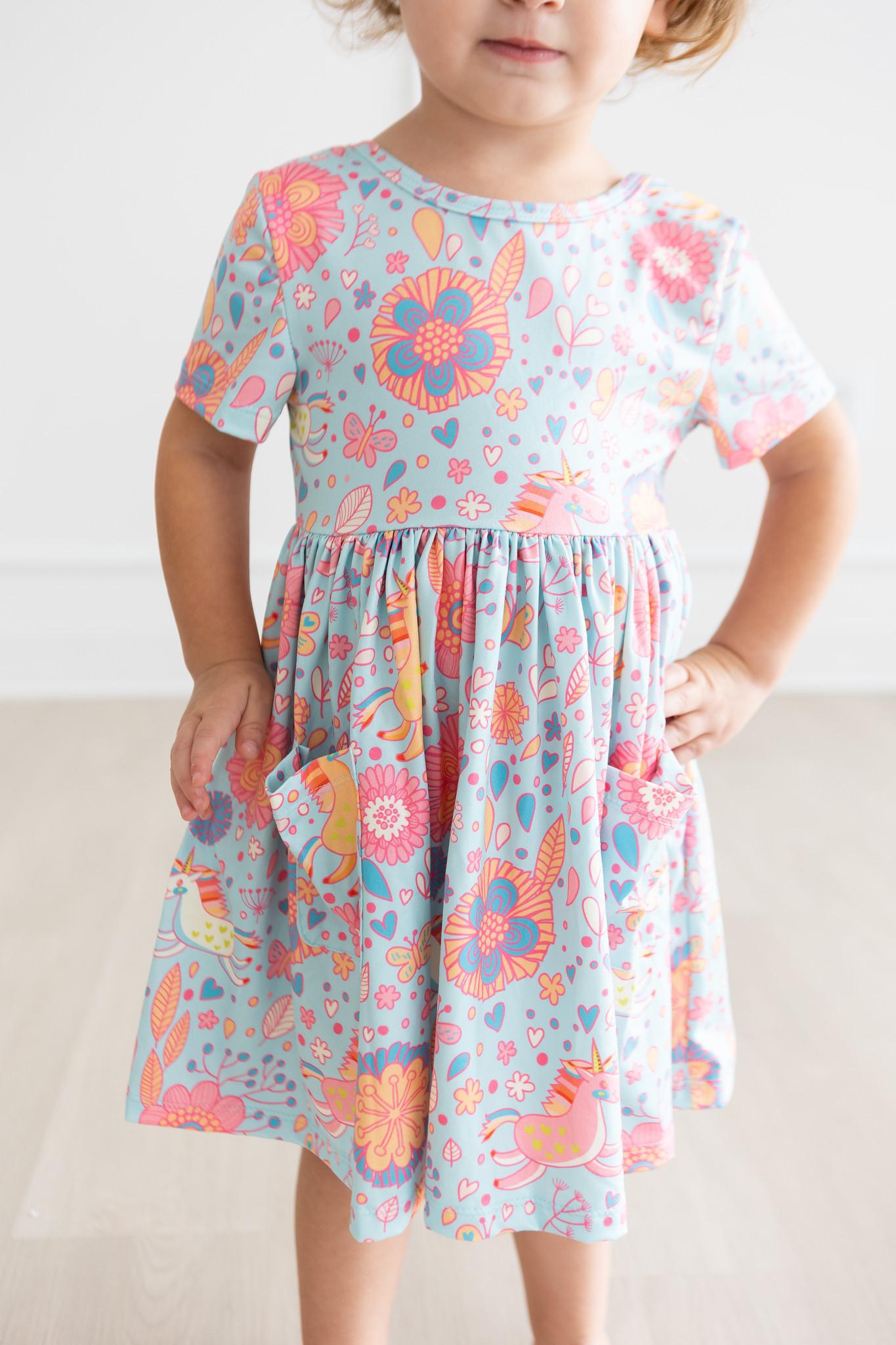 Blue Retro Unicorns Short Sleeve Pocket Twirl Dress for Girls - Perfect for Birthday Parties, Tea Time & Photo Shoots
